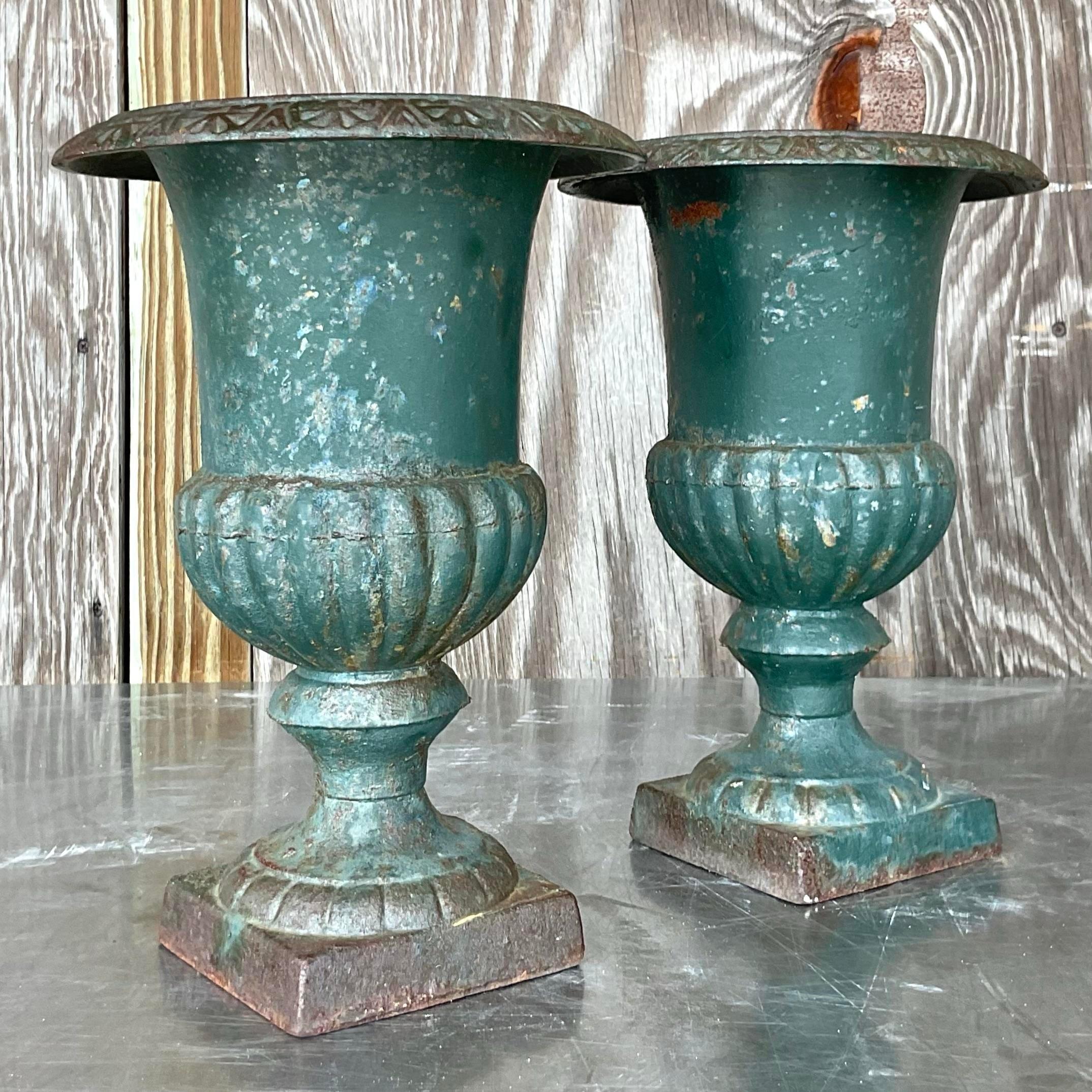 Rustic Vintage Boho Patinated Wrought Iron Urns - a Pair For Sale