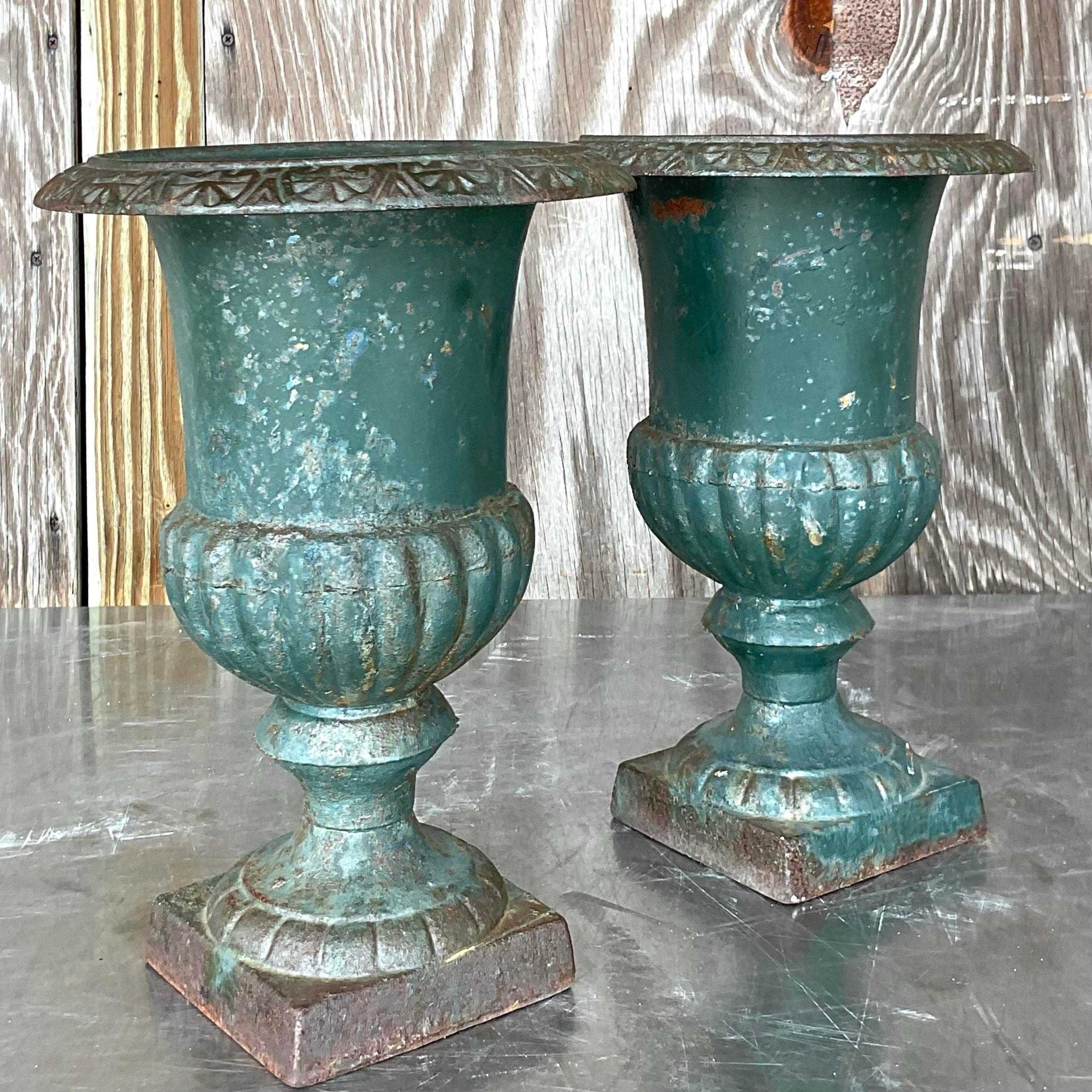 American Vintage Boho Patinated Wrought Iron Urns - a Pair For Sale