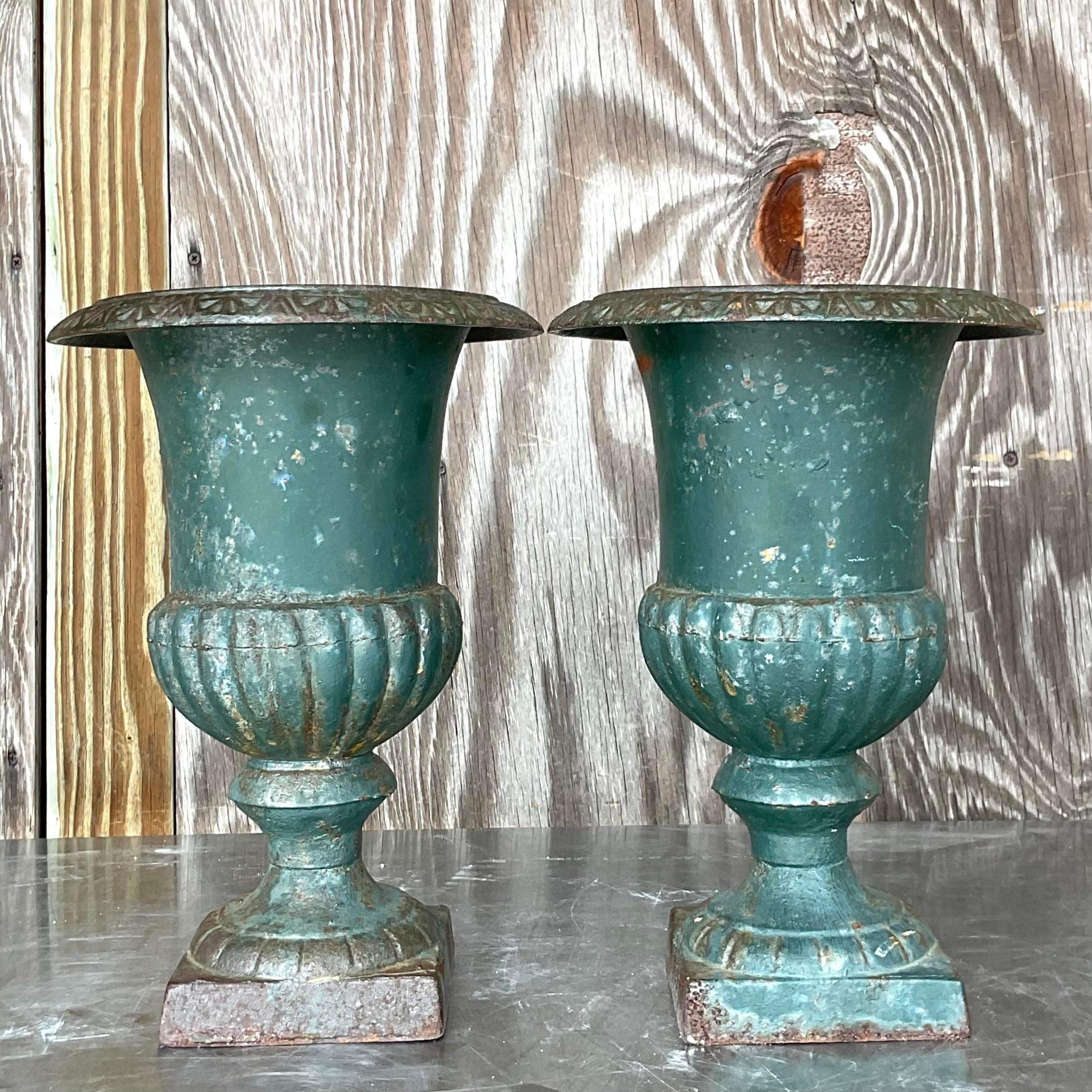 Vintage Boho Patinated Wrought Iron Urns - a Pair In Good Condition For Sale In west palm beach, FL