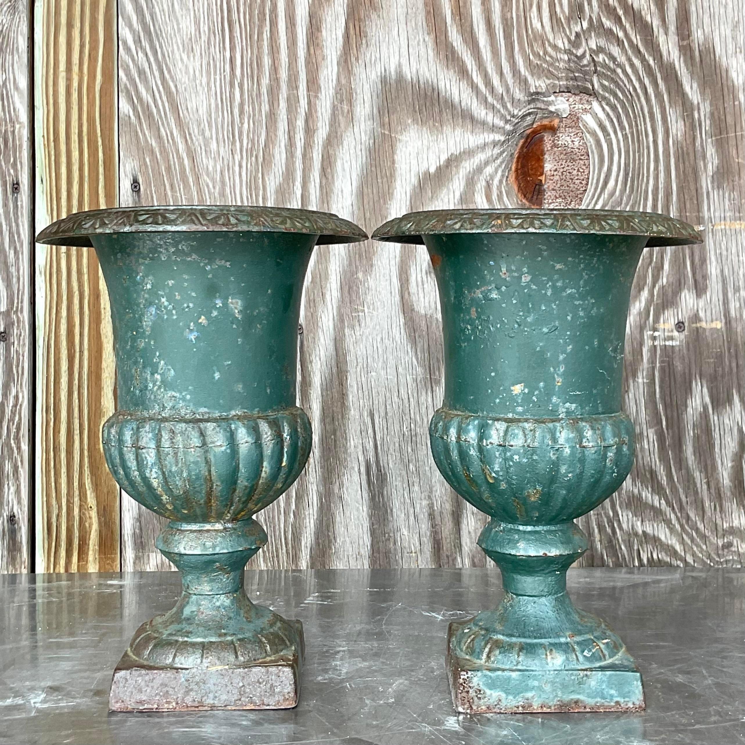 20th Century Vintage Boho Patinated Wrought Iron Urns - a Pair For Sale
