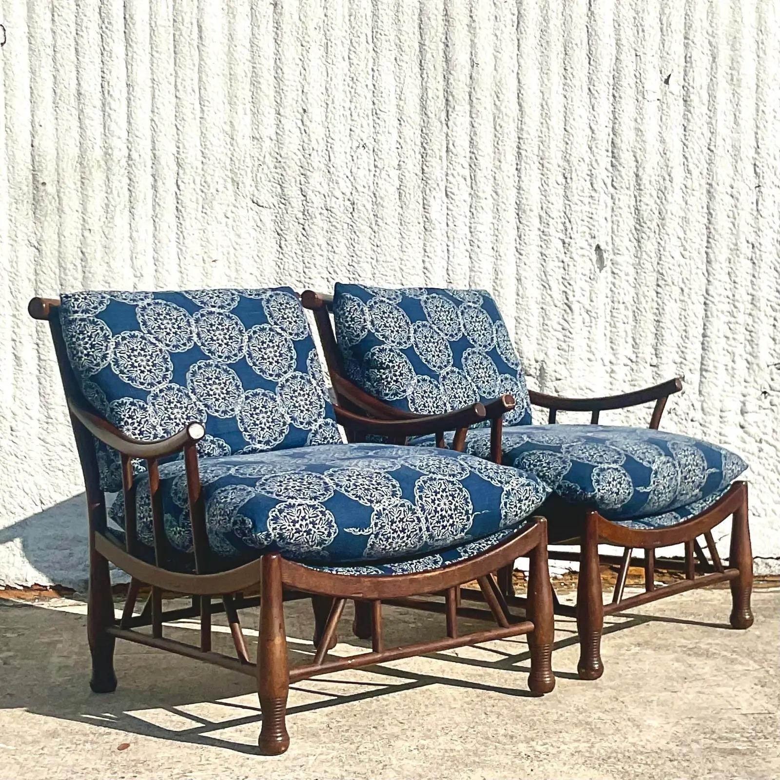 A fantastic pair of vintage Boho lounge chairs. Made by the legendary Pearson group. A chic Thebes shape with gorgeous over dyed cushions. Unmarked.