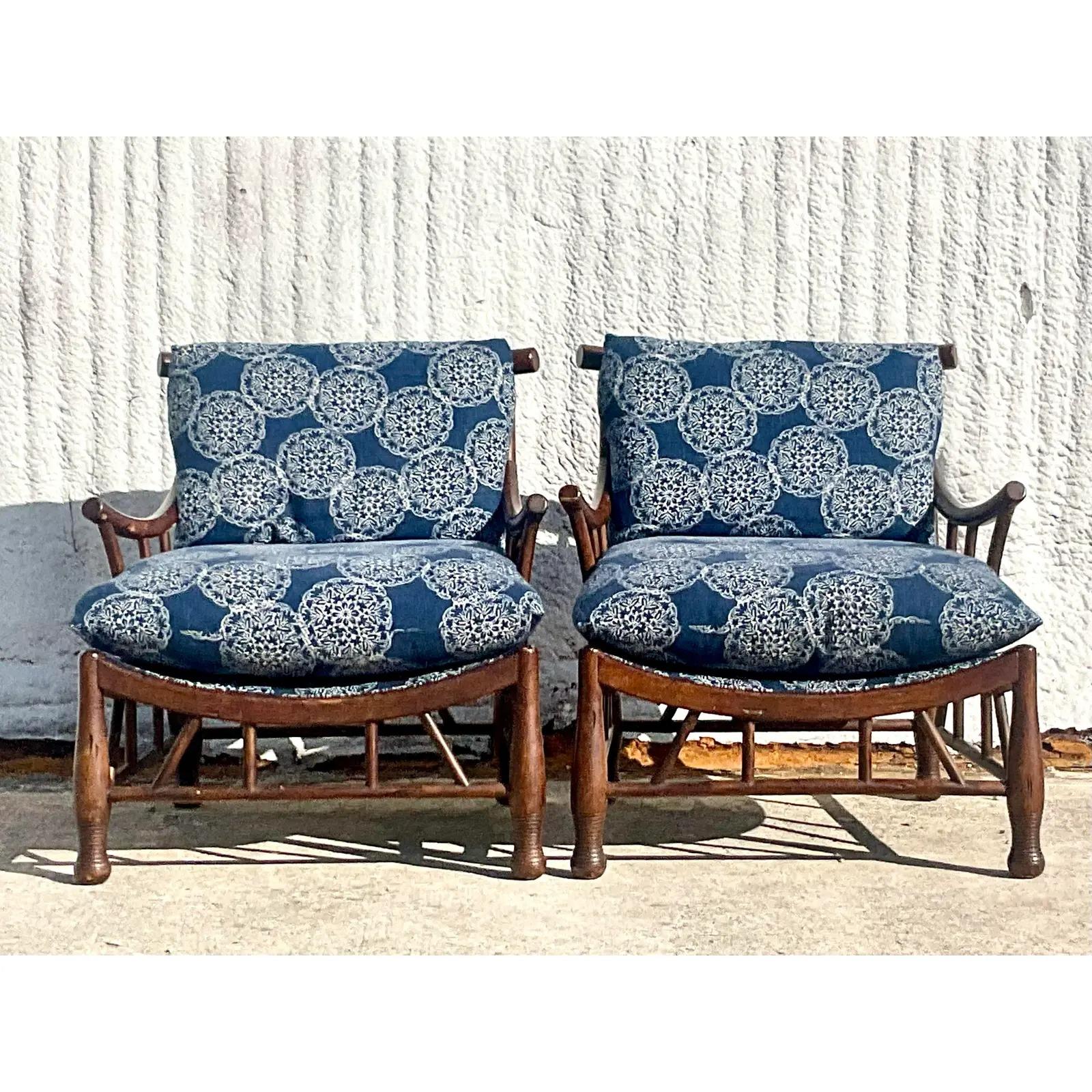 Wood Vintage Boho Pearson Thebes Style Lounge Chairs, Pair