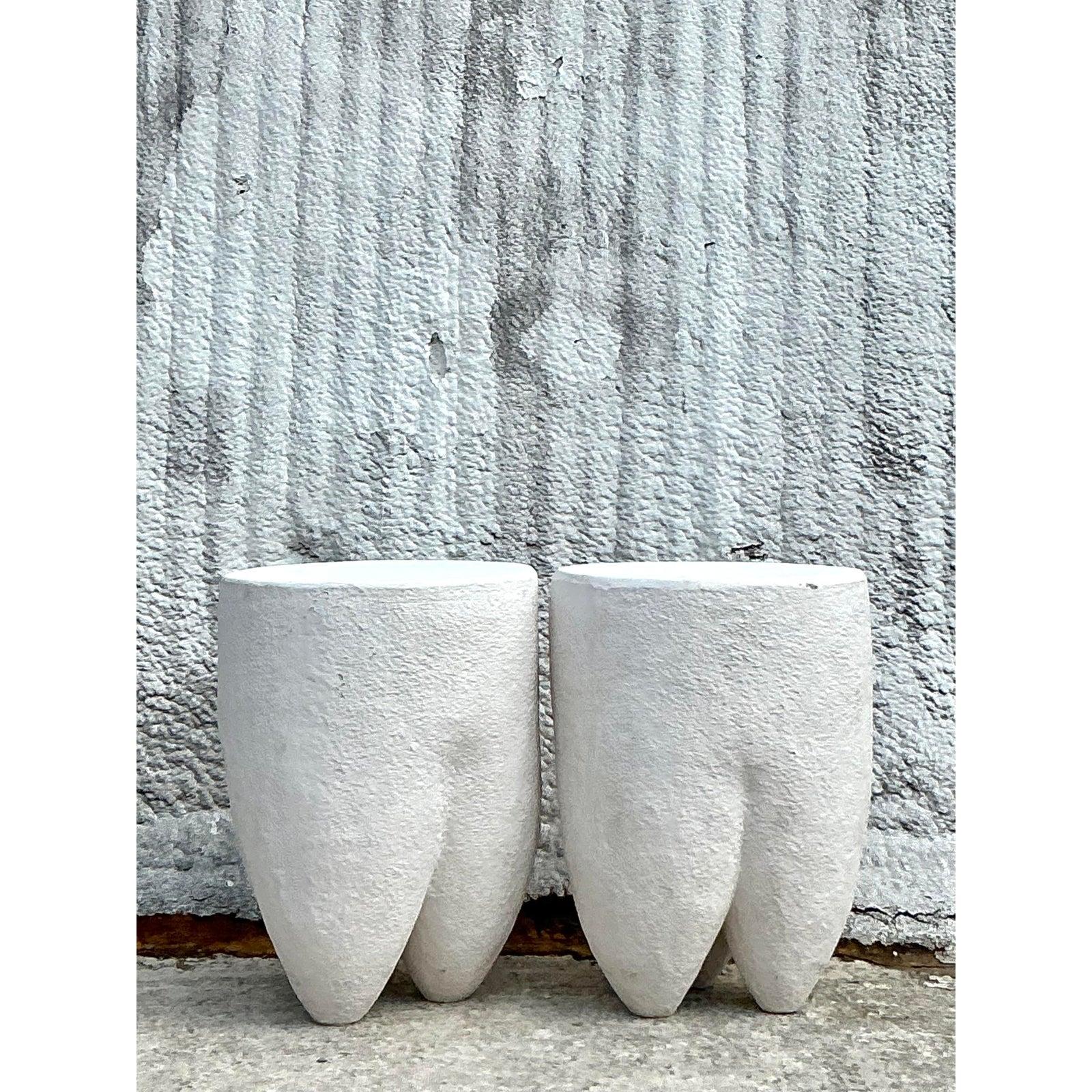 American Vintage Boho Pebbled Biomorphic Low Stools - a Pair For Sale