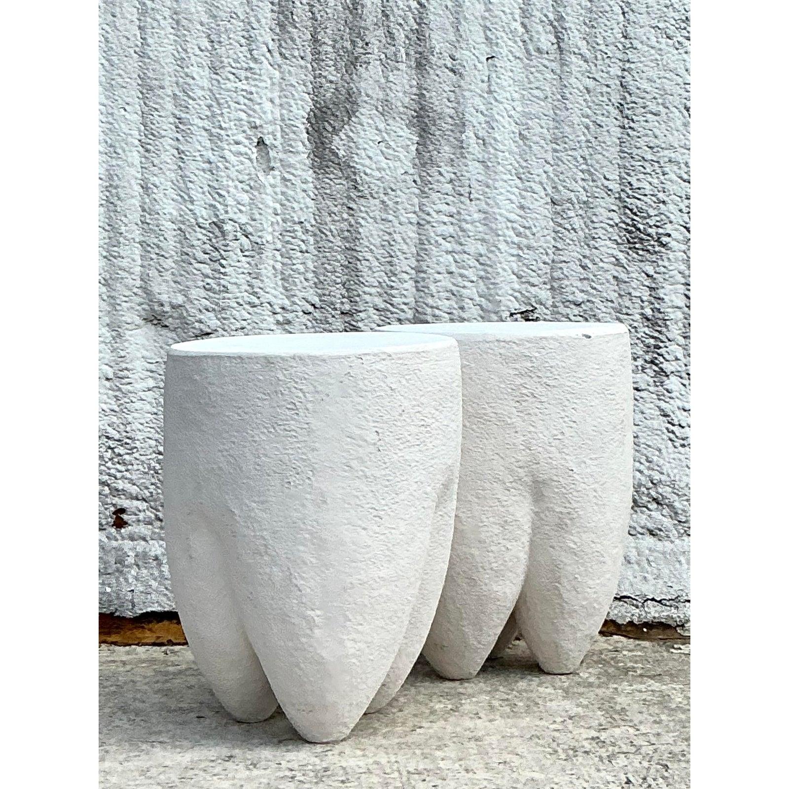 Vintage Boho Pebbled Biomorphic Low Stools - a Pair In Good Condition For Sale In west palm beach, FL