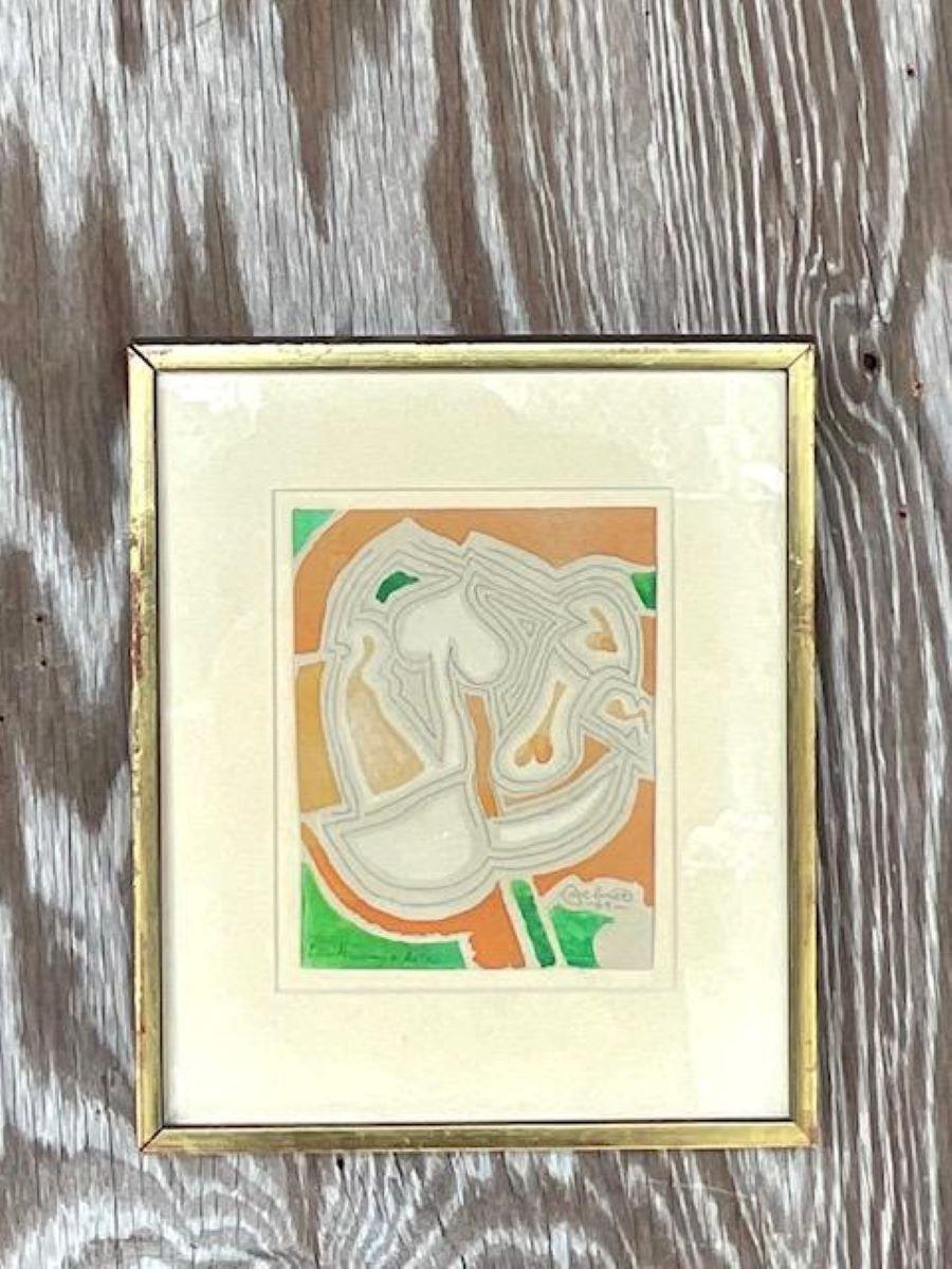 A fabulous vintage Boho original oil painting on paper. A chic pencil and watercolor composition on paper. A beautiful all over fading from time. Presented as a gift from the artists and notated on the back. Acquired from a Palm Beach estate.n