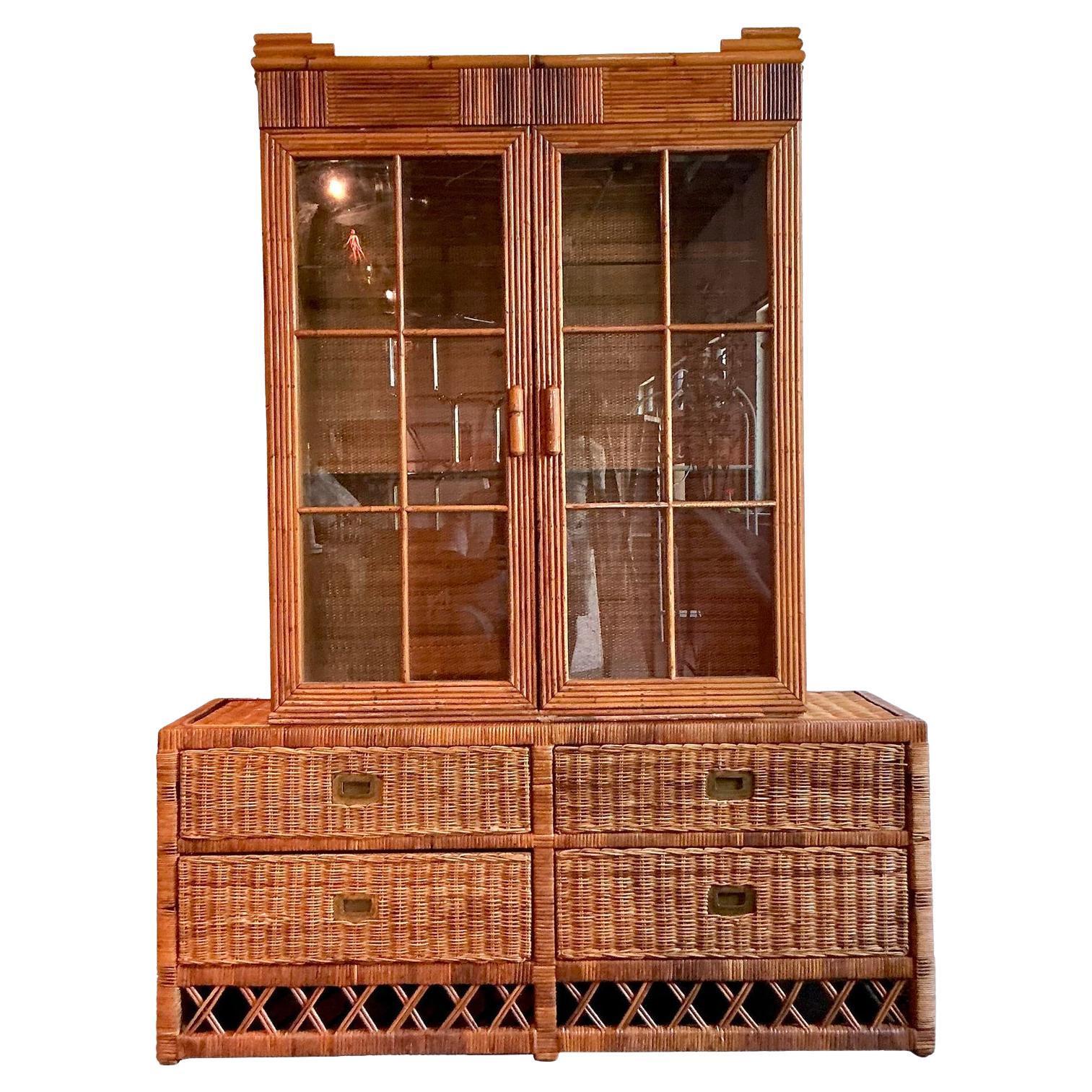 Armoire à crayons vintage Boho en roseau et rotin