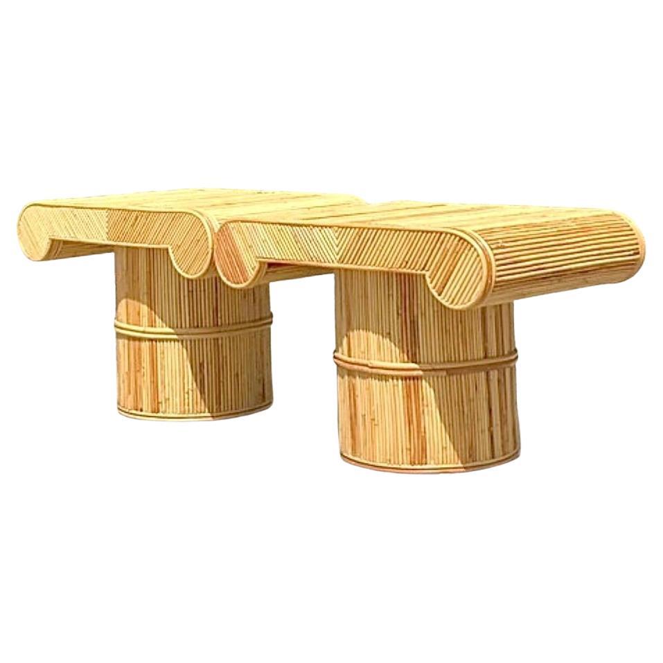 Vintage Boho Pencil Reed Column Side Tables - A Pair