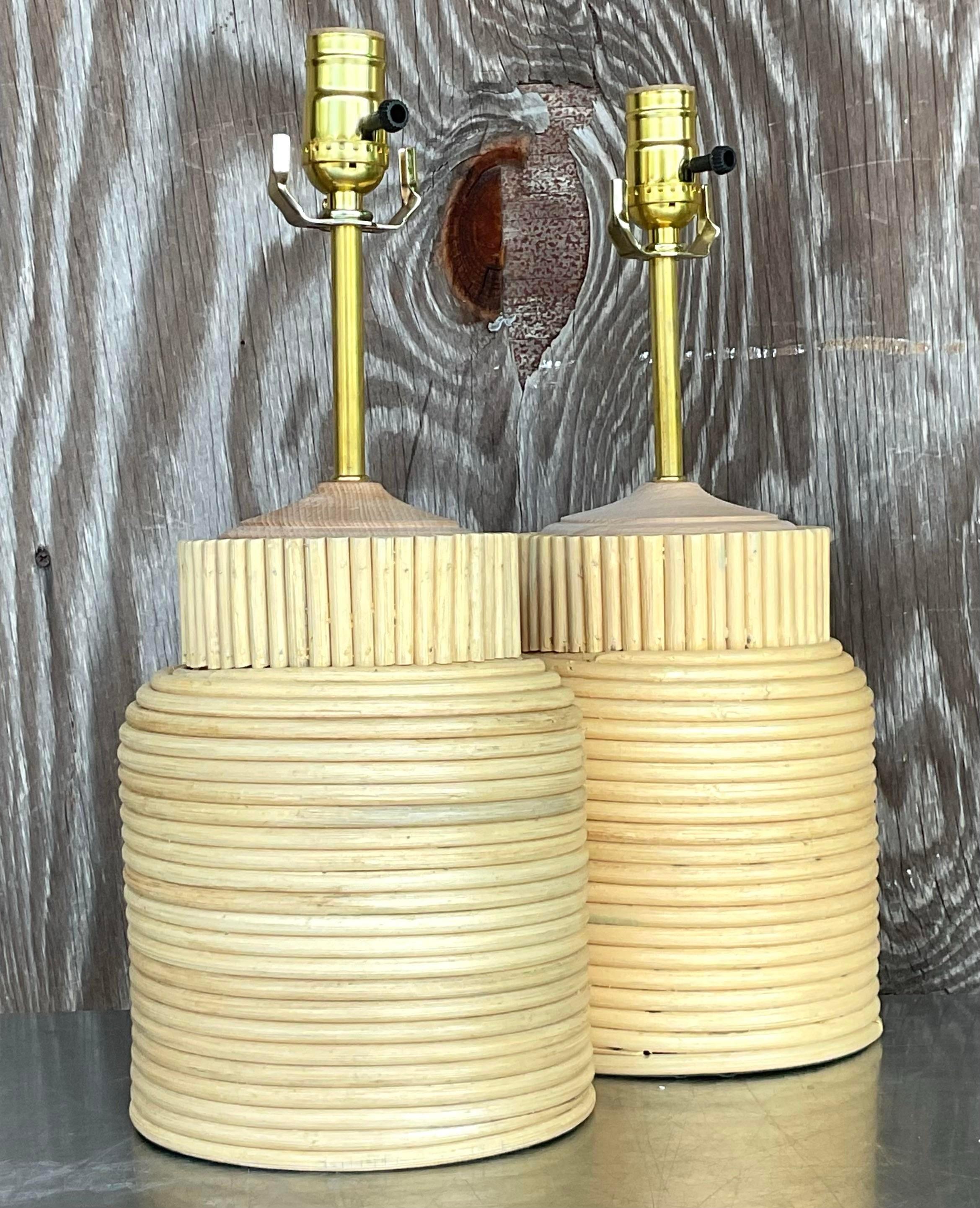 Illuminez votre espace avec cette paire de lampes en roseau à crayon vintage Boho. Dotées d'un design tissé complexe, ces lampes ajoutent une touche d'élégance naturelle et de texture à n'importe quelle pièce. Leur lumière chaude et ambiante