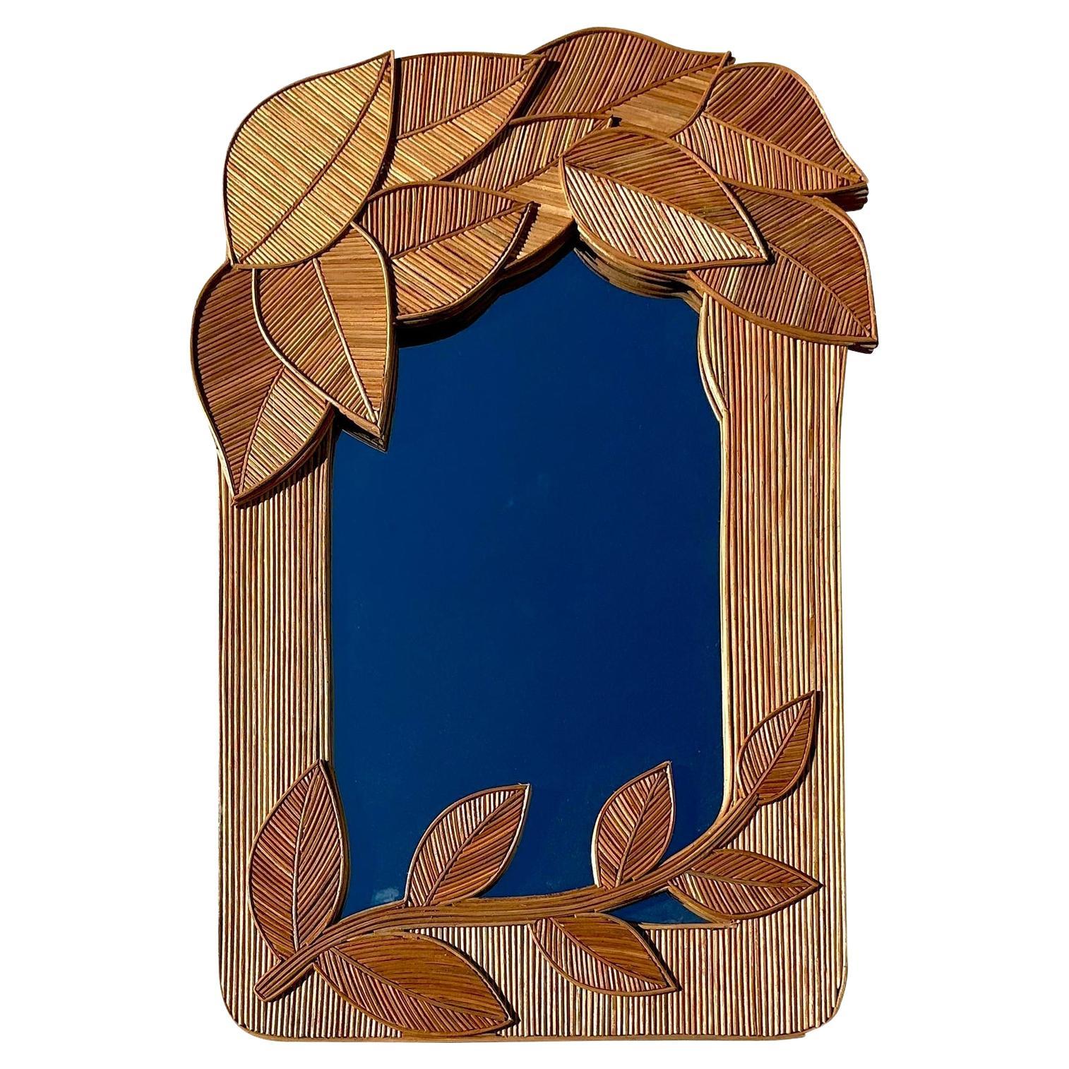 Specchio vintage con foglie di canna di Boho dopo Crespi in vendita