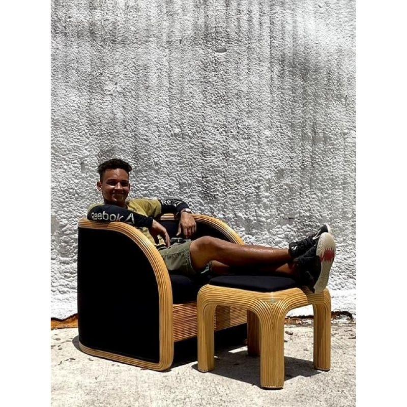 Fabric Vintage Boho Pencil Reed Lounge Chair For Sale
