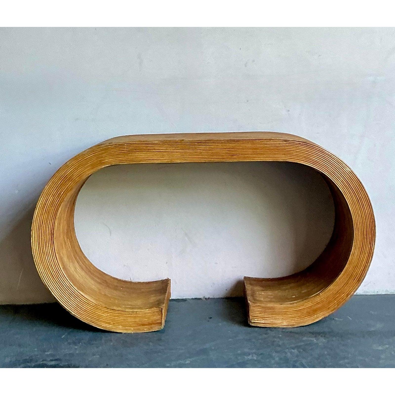 20th Century Vintage Boho Pencil Reed Scroll Console Table For Sale