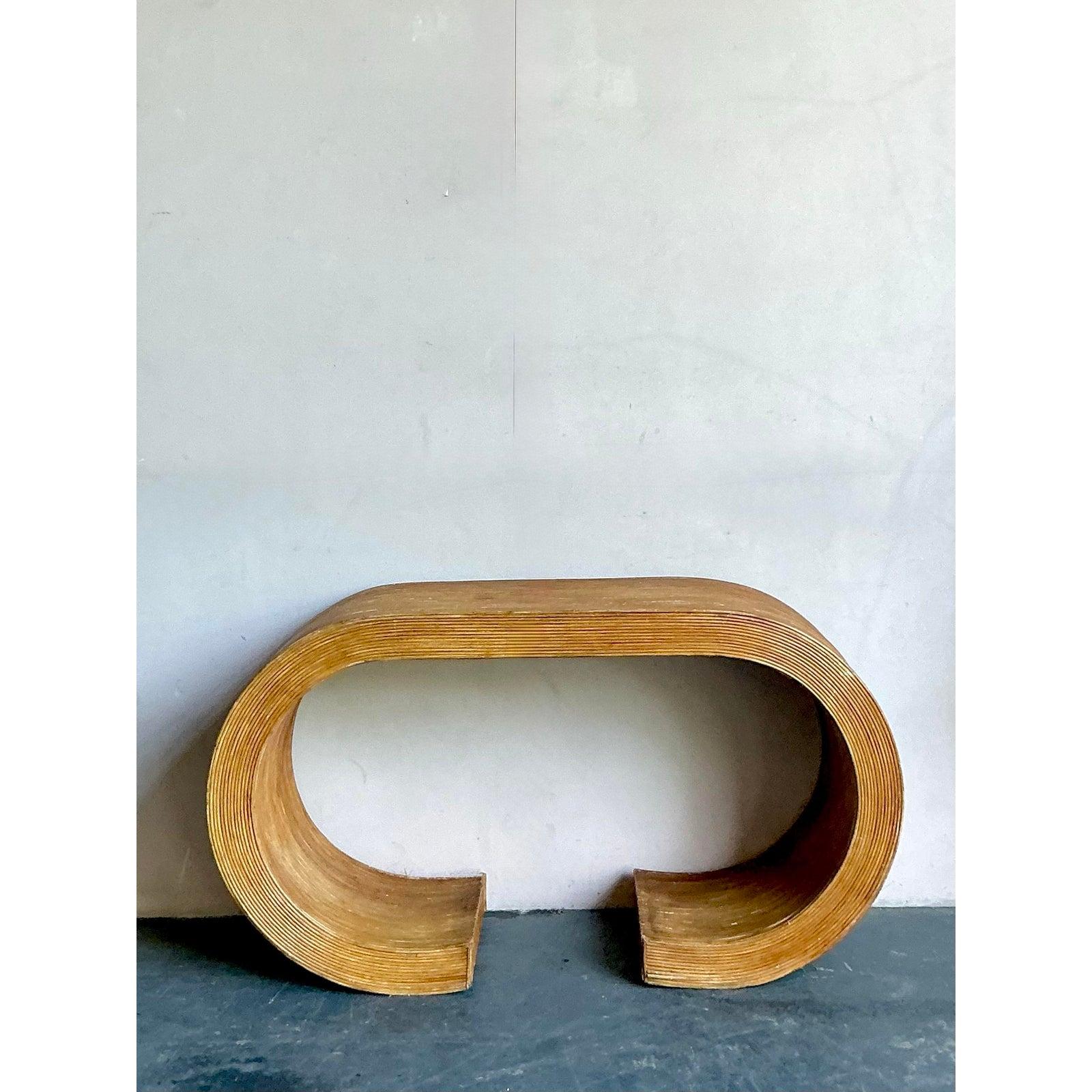 Rattan Vintage Boho Pencil Reed Scroll Console Table For Sale