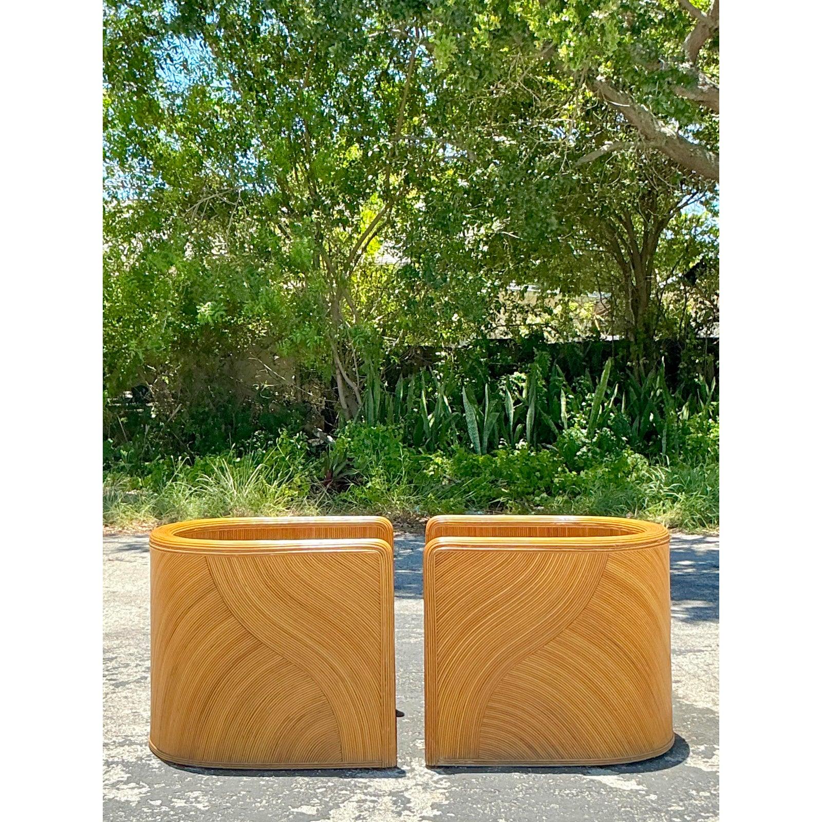 Hollywood Regency Vintage Boho Pencil Reed Tub Chairs - A Pair For Sale