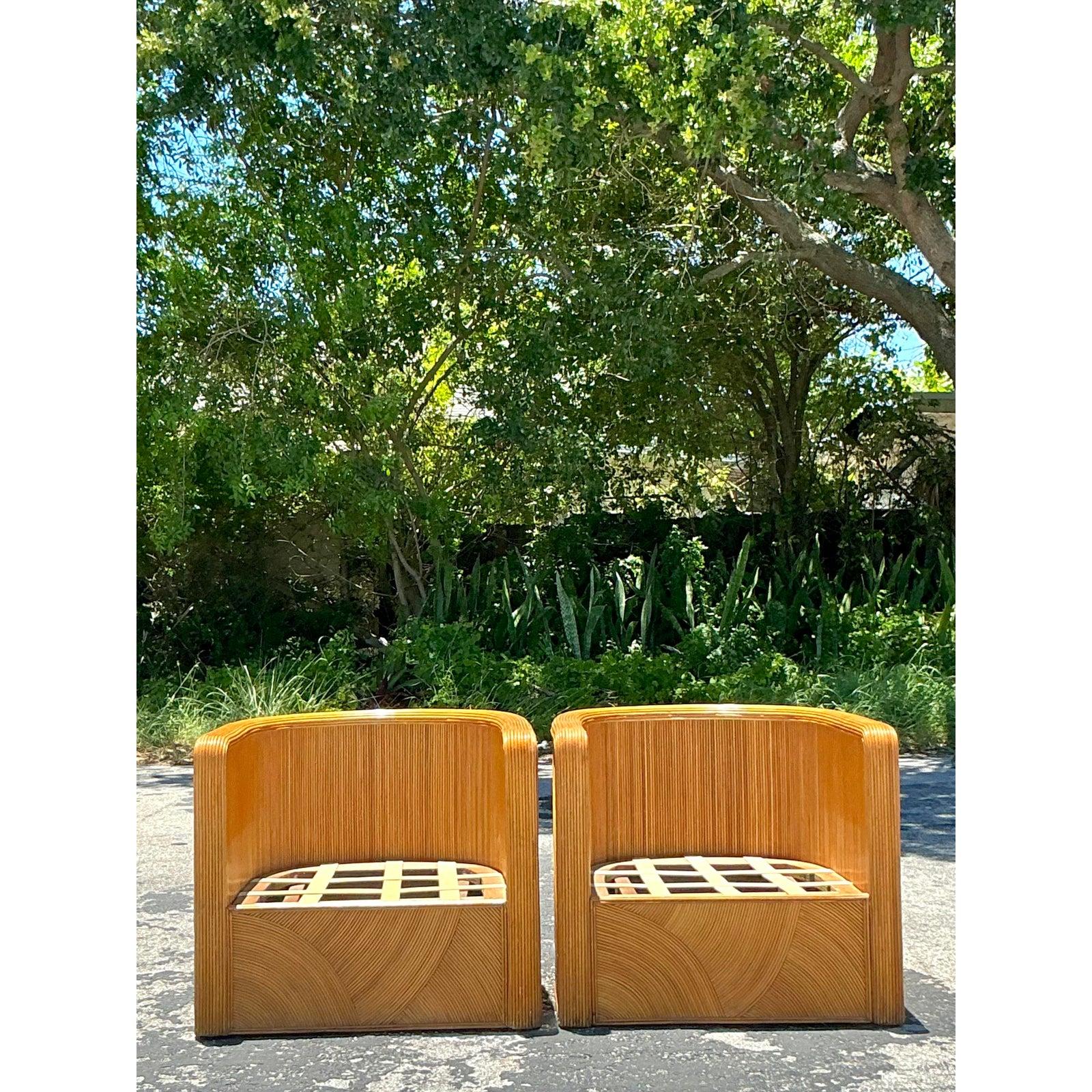 Vintage Boho Pencil Reed Tub Chairs - A Pair In Good Condition For Sale In west palm beach, FL