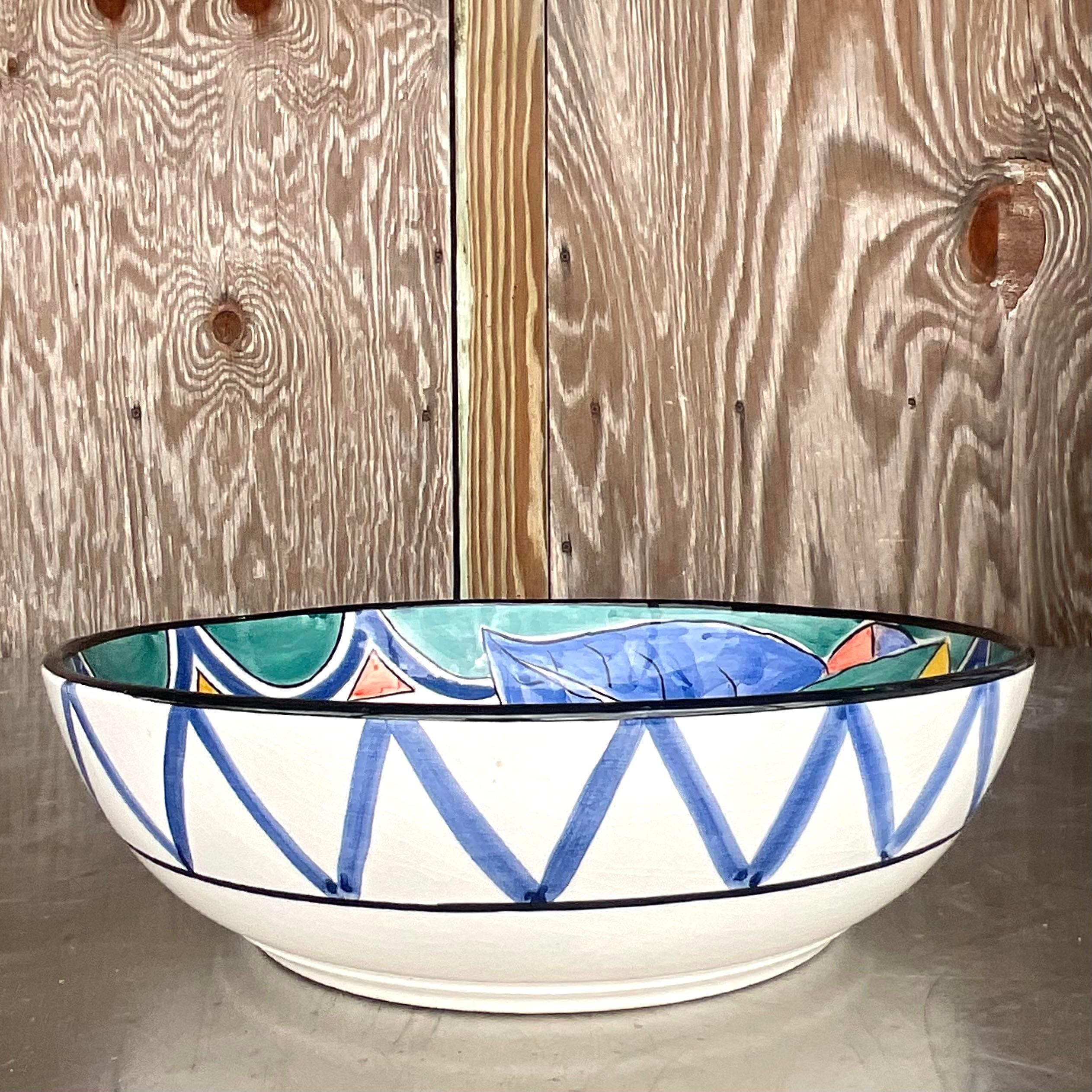 Bohemian Vintage Boho Pereiras Portugal Glazed Ceramic Hand Painted Bowl For Sale