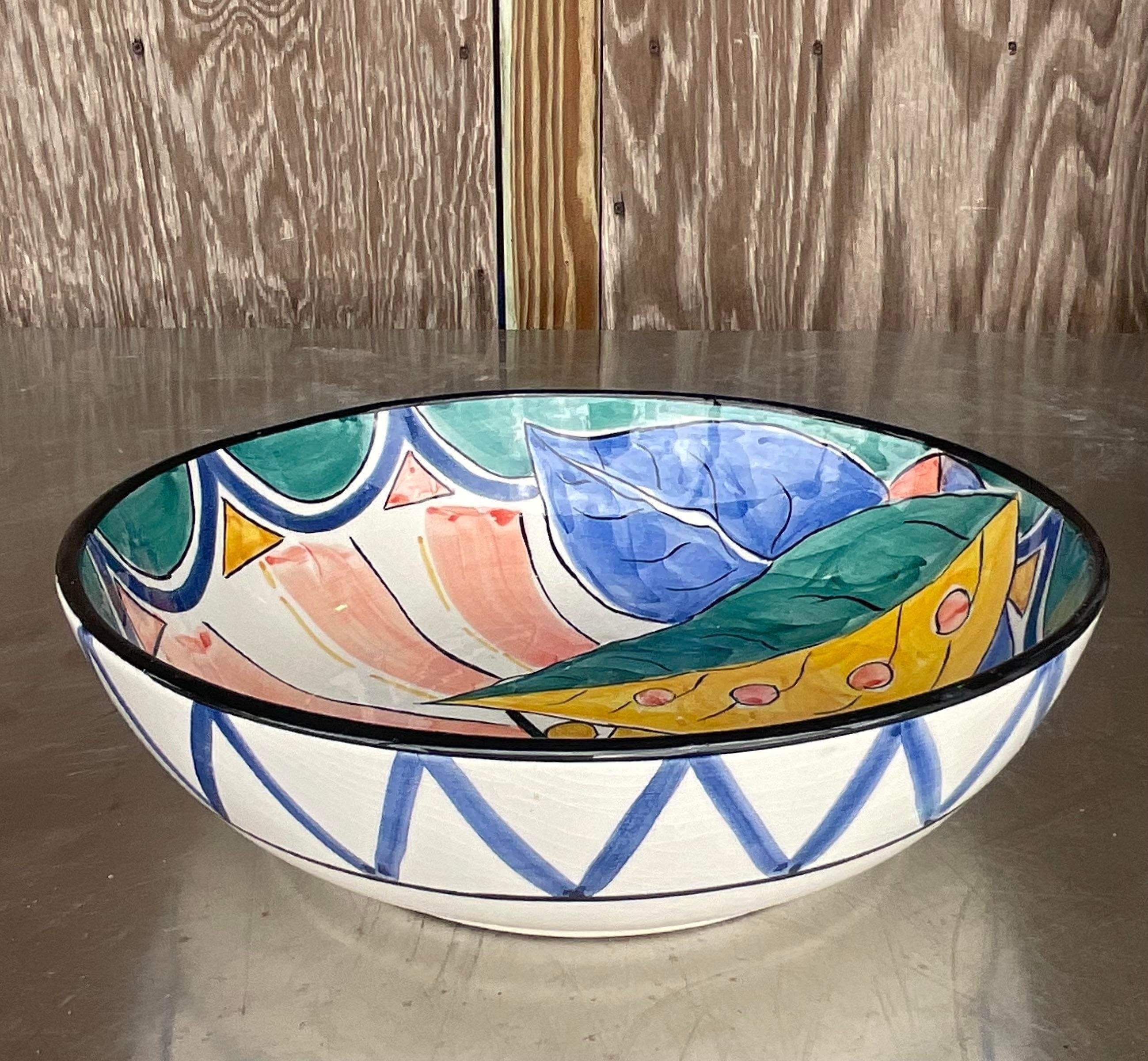 Vintage Boho Pereiras Portugal Glazed Ceramic Hand Painted Bowl In Good Condition For Sale In west palm beach, FL