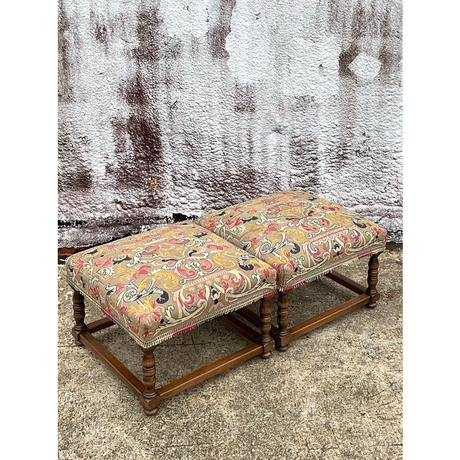 Vintage Boho Petit Point Low Stool In Good Condition In West Palm Beach, FL
