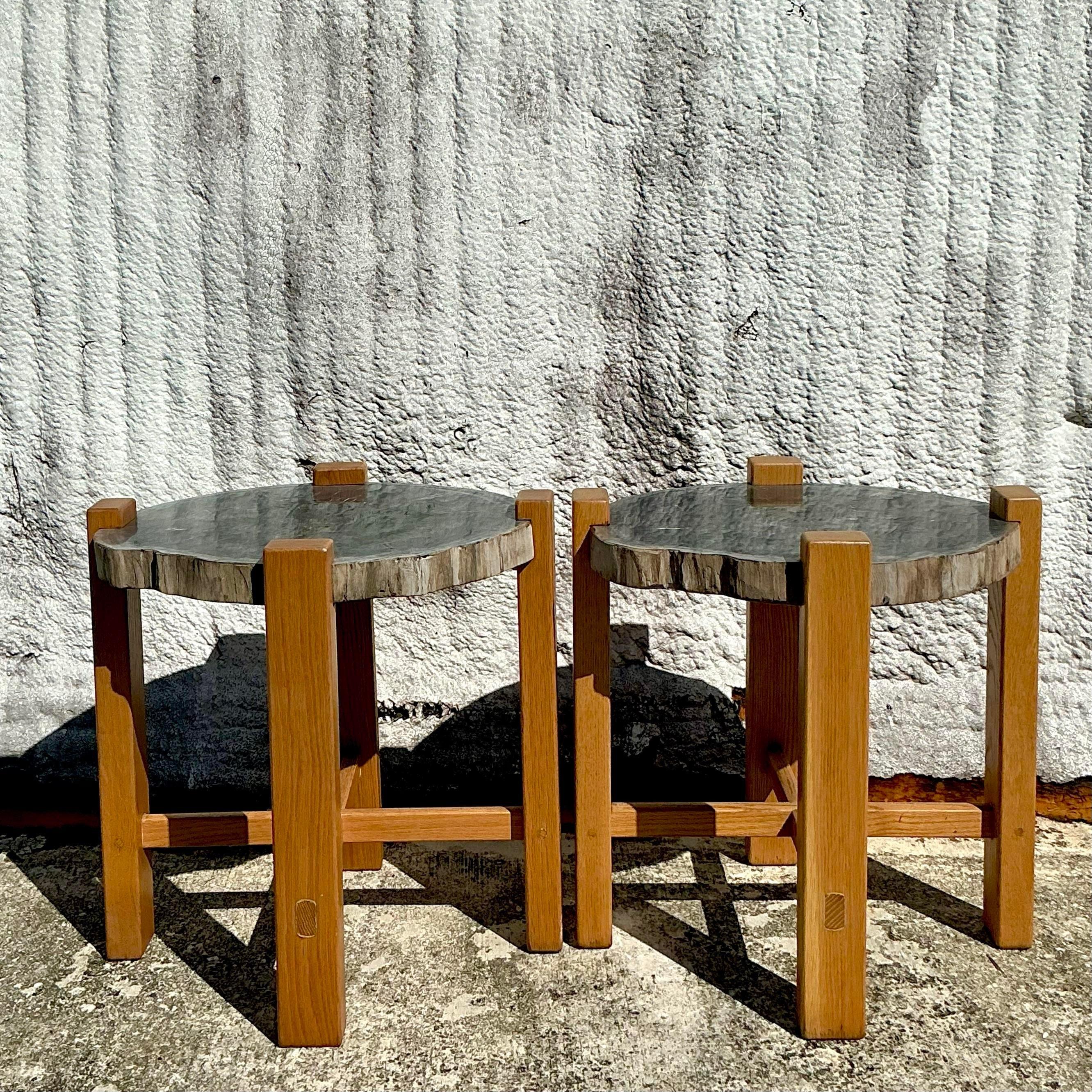 Paire de tables d'appoint en bois pétrifié de style boho en vente 3