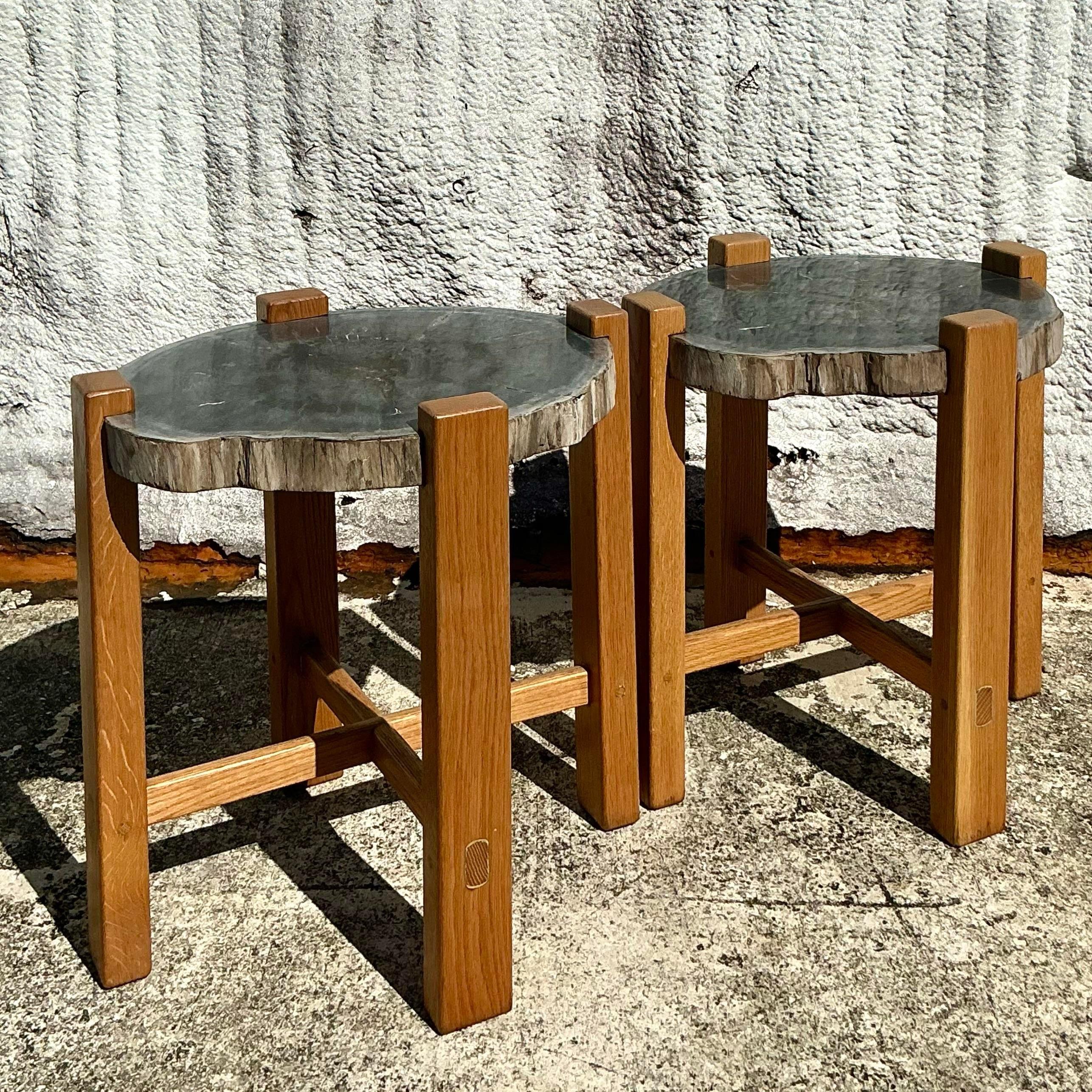 Rustique Paire de tables d'appoint en bois pétrifié de style boho en vente