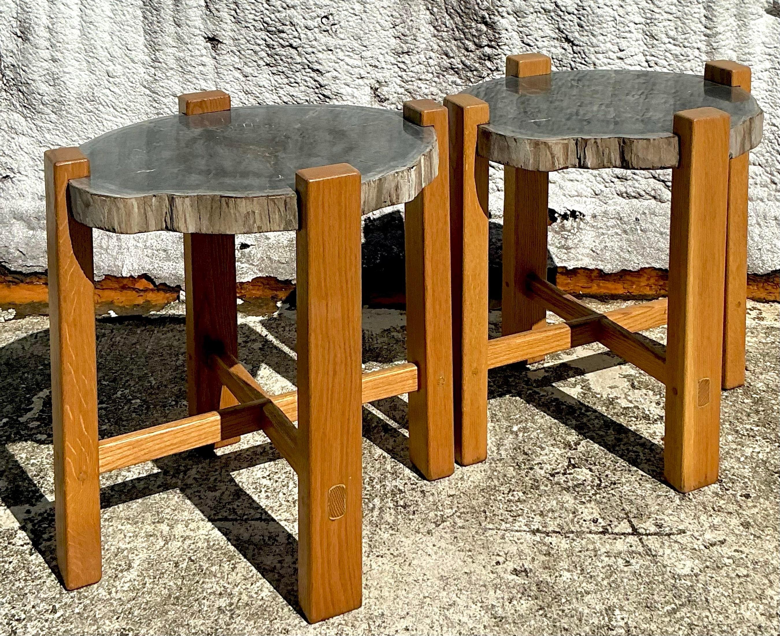 20ième siècle Paire de tables d'appoint en bois pétrifié de style boho en vente