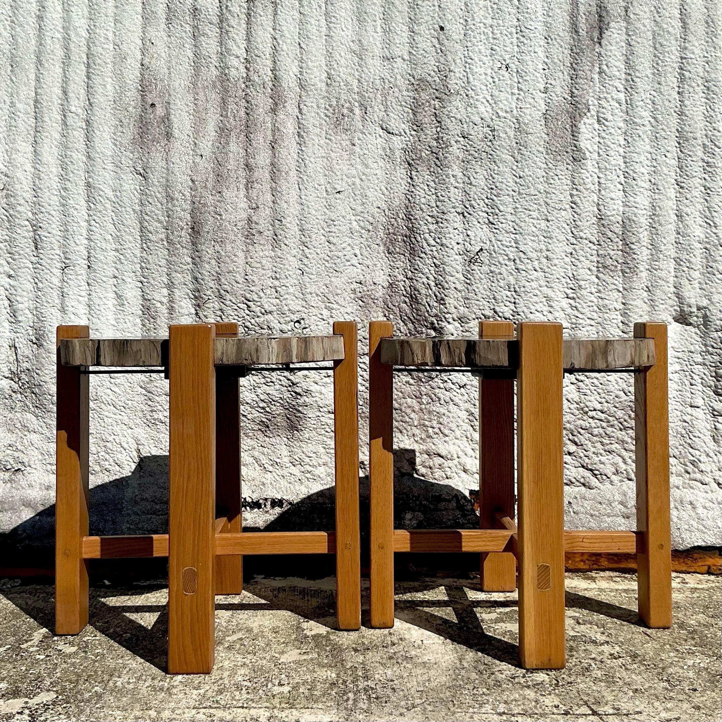 Bois Paire de tables d'appoint en bois pétrifié de style boho en vente