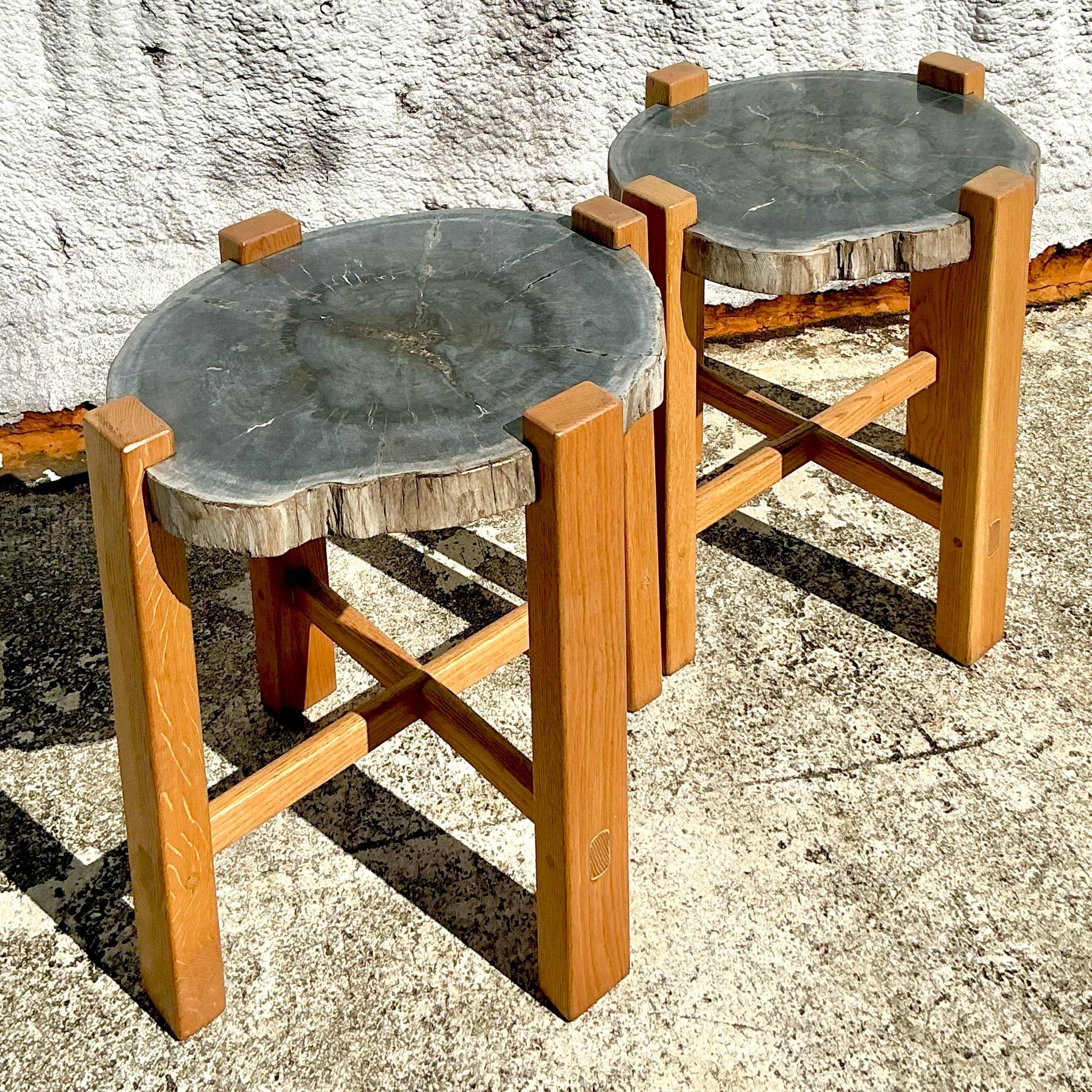 Paire de tables d'appoint en bois pétrifié de style boho en vente 2