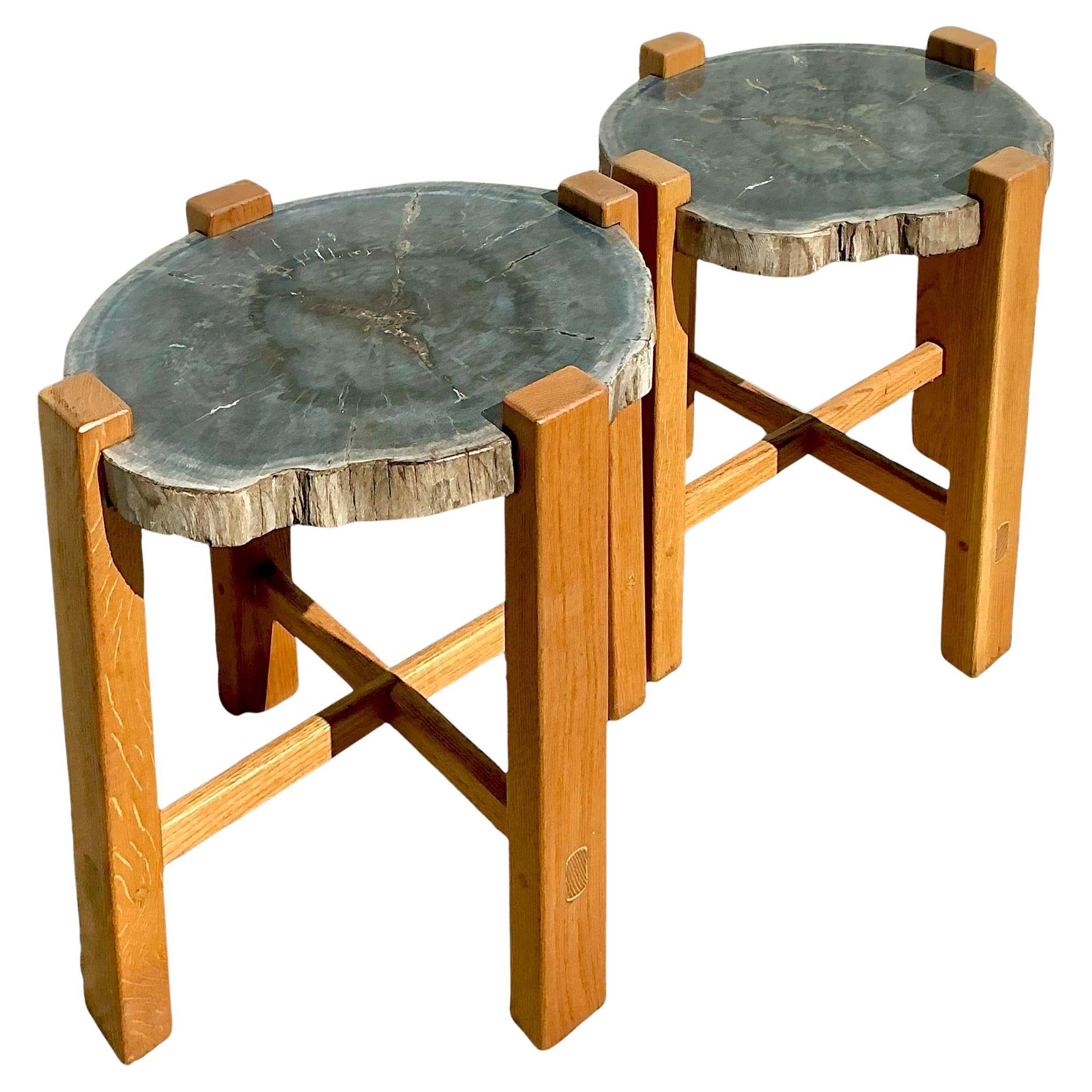 Paire de tables d'appoint en bois pétrifié de style boho en vente