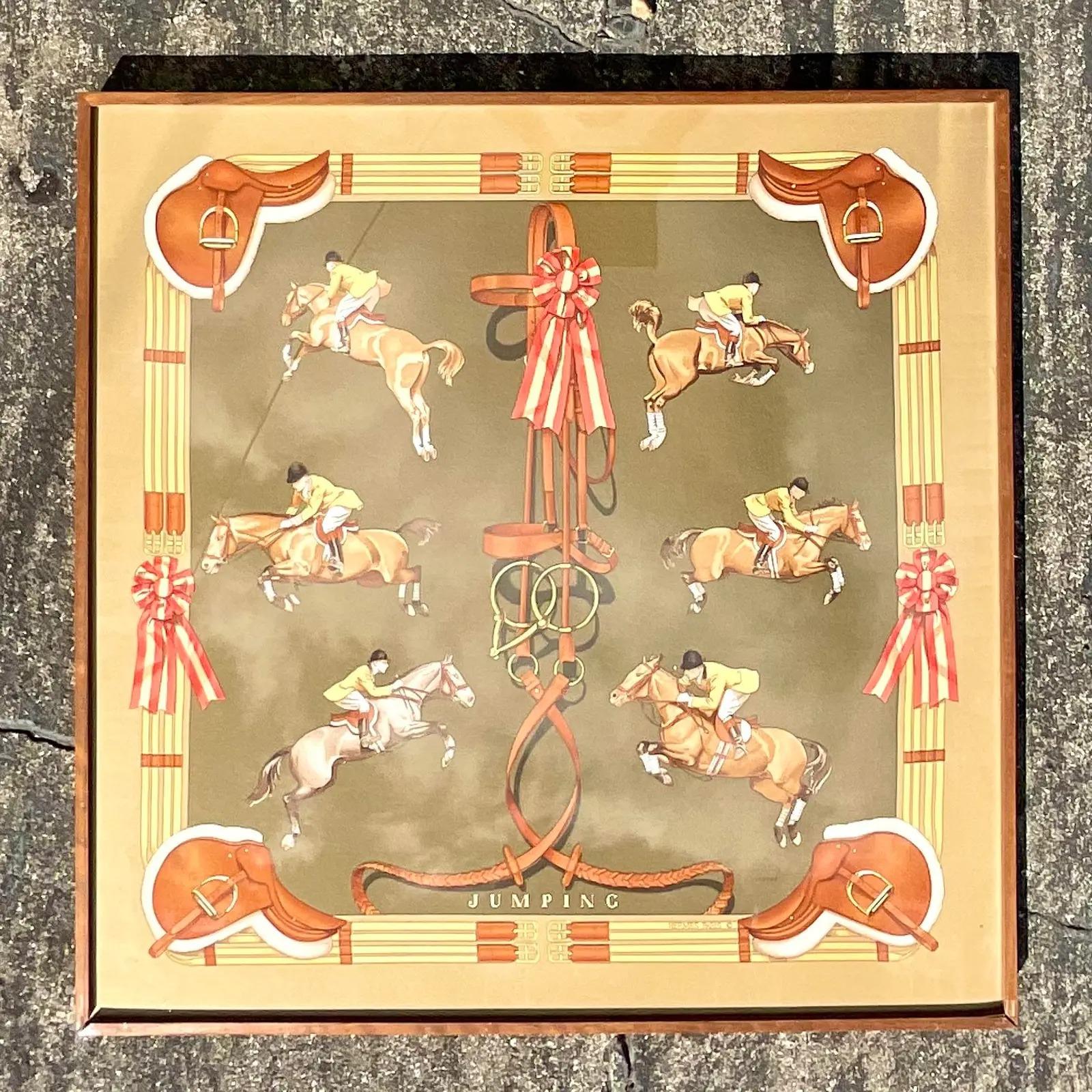 Fantastic vintage Framed silk scarf of professional horse jumping. Made by the legendary House of Hermes. Printed in Paris. Acquired from a Palm Beach estate.