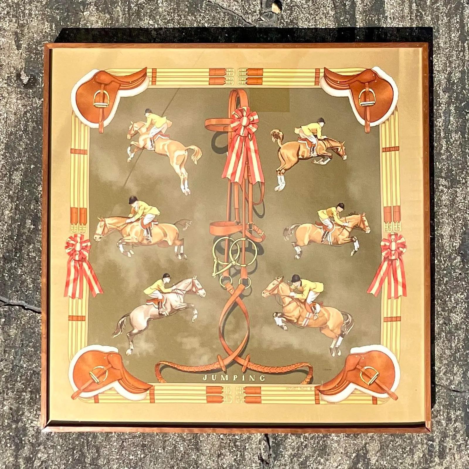 Vintage Boho Phillips Ledoux for Hermes Framed Printed Silk Scarf In Good Condition In west palm beach, FL