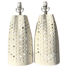 Vintage Boho Pierced Matte Ceramic Lamps - a Pair