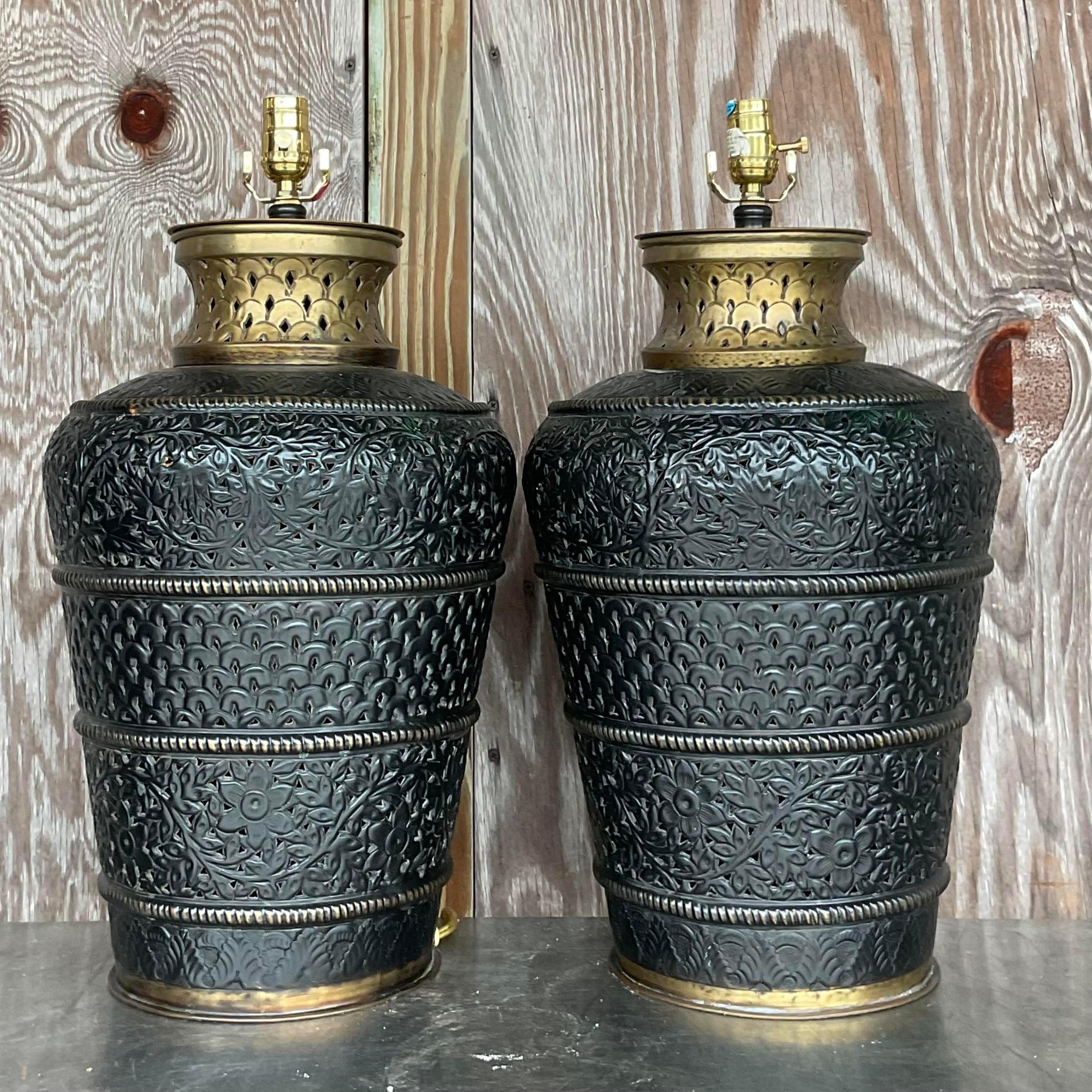 Vintage Boho Pierced Metal Lamps - a Pair In Good Condition For Sale In west palm beach, FL