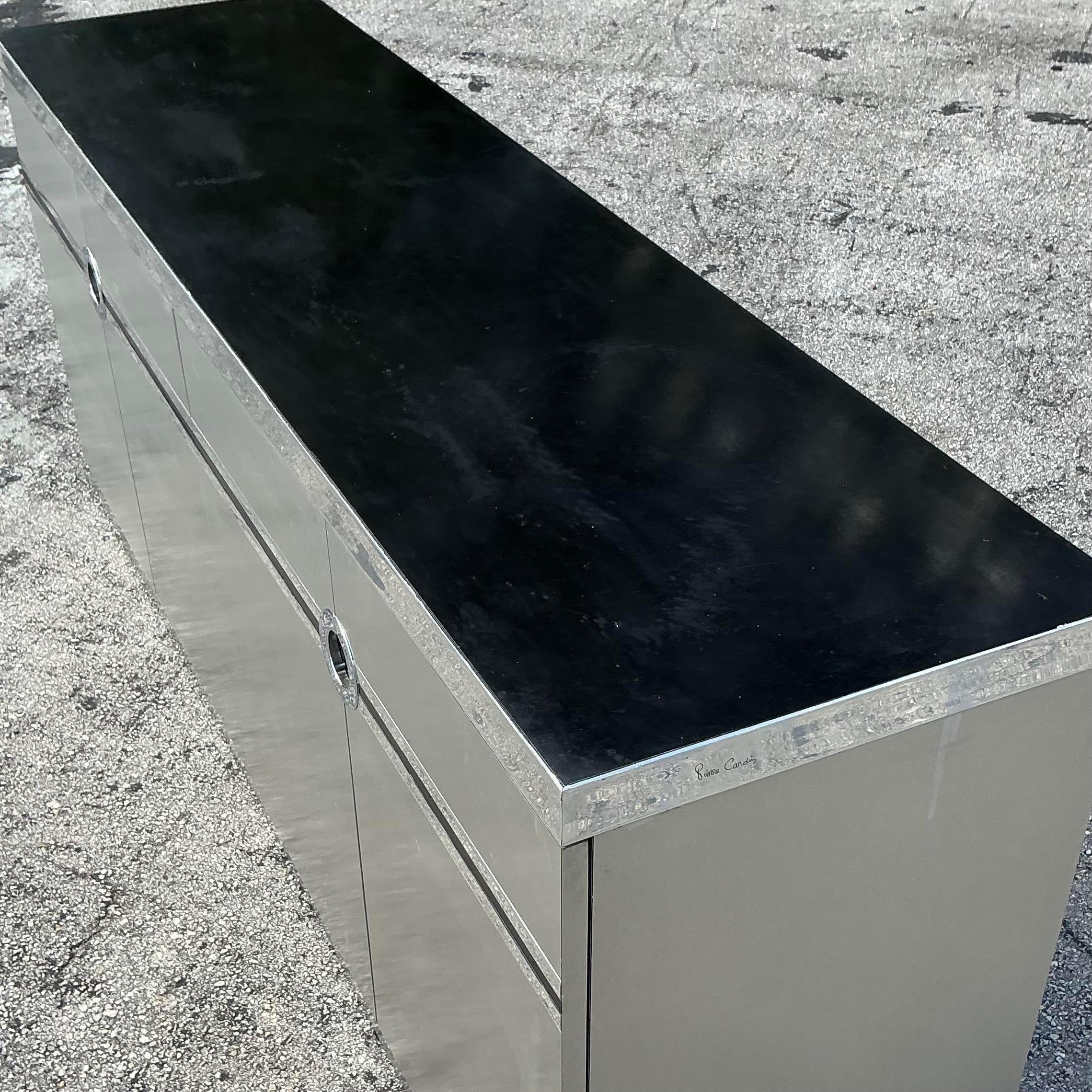 Mid-Century Modern Vintage Boho Pierre Cardin Brushed Stainless Steel Credenza