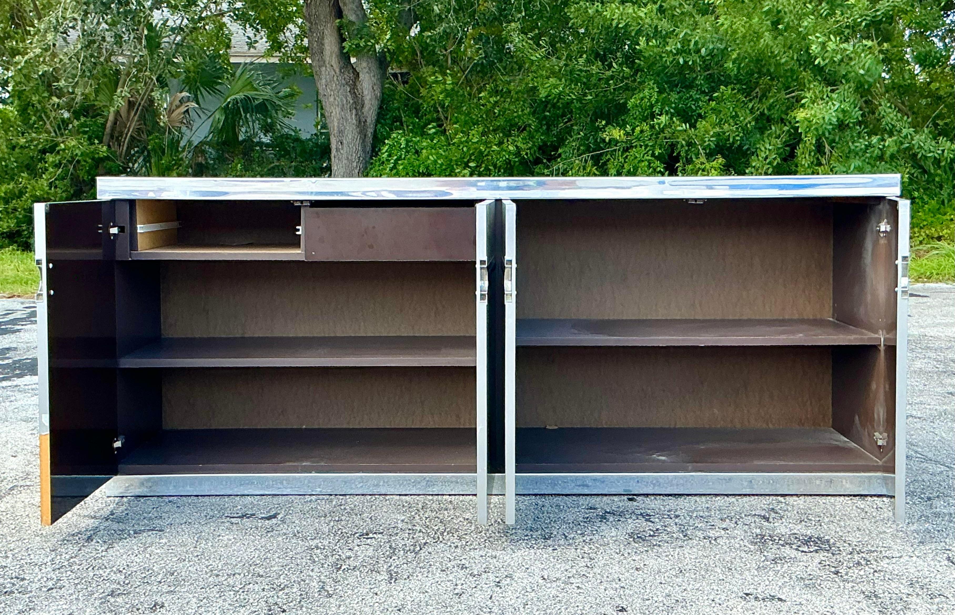 French Vintage Boho Pierre Cardin Brushed Stainless Steel Credenza