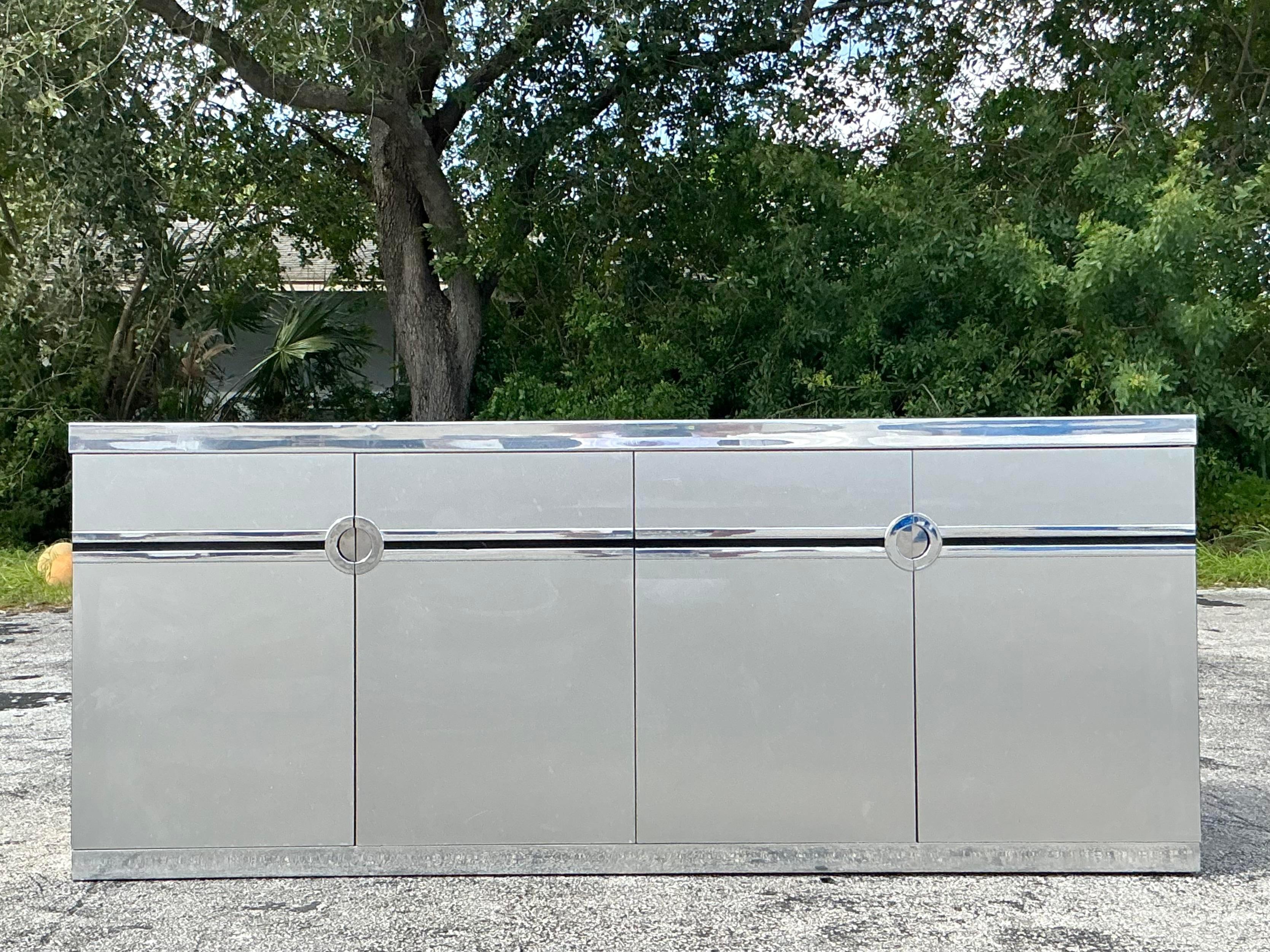 Vintage Boho Pierre Cardin Brushed Stainless Steel Credenza In Good Condition In West Palm Beach, FL