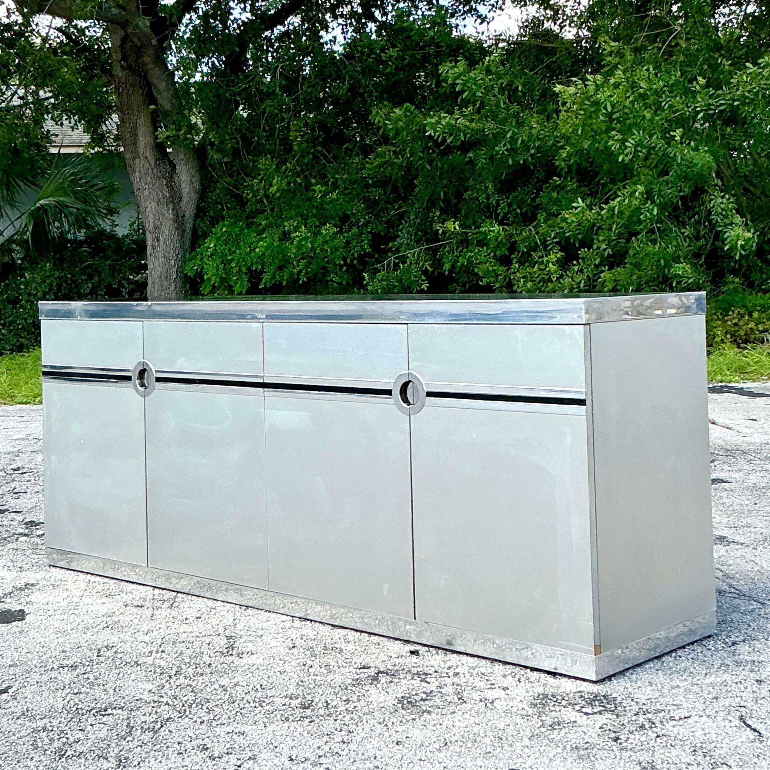 Late 20th Century Vintage Boho Pierre Cardin Brushed Stainless Steel Credenza