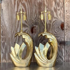Vintage Boho Pierre Cardin C-86 Brass Wave Lamps - a Pair