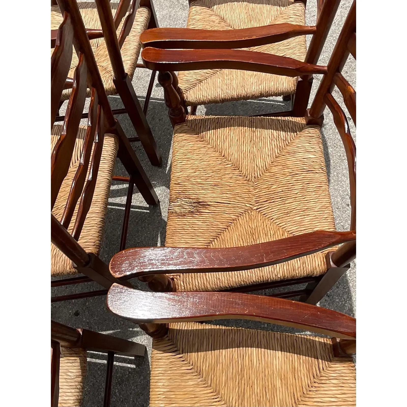 French Vintage Boho Pierre Deux Rush Seat Ladderback Dining Chairs, Set of 6