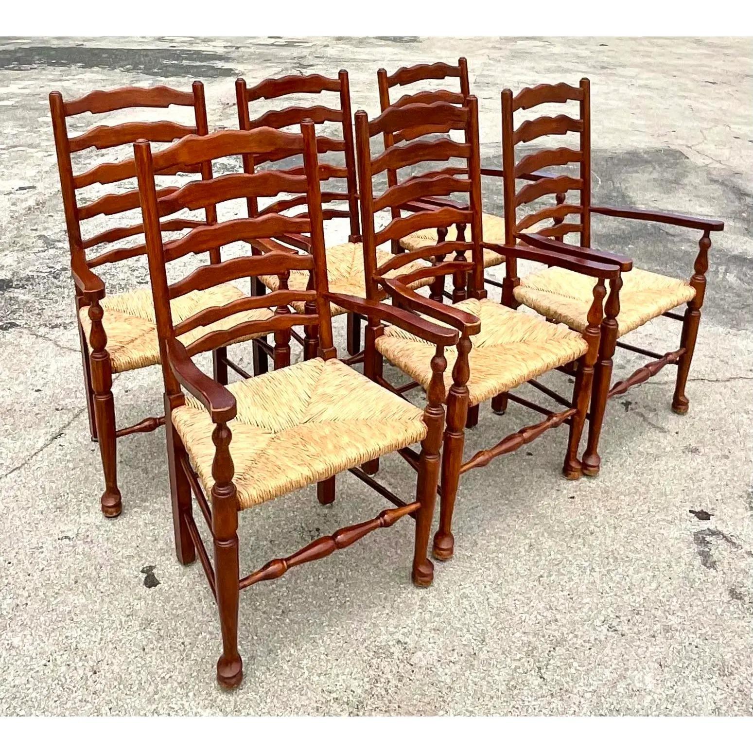 Vintage Boho Pierre Deux Rush Seat Ladderback Dining Chairs, Set of 6 In Good Condition In west palm beach, FL