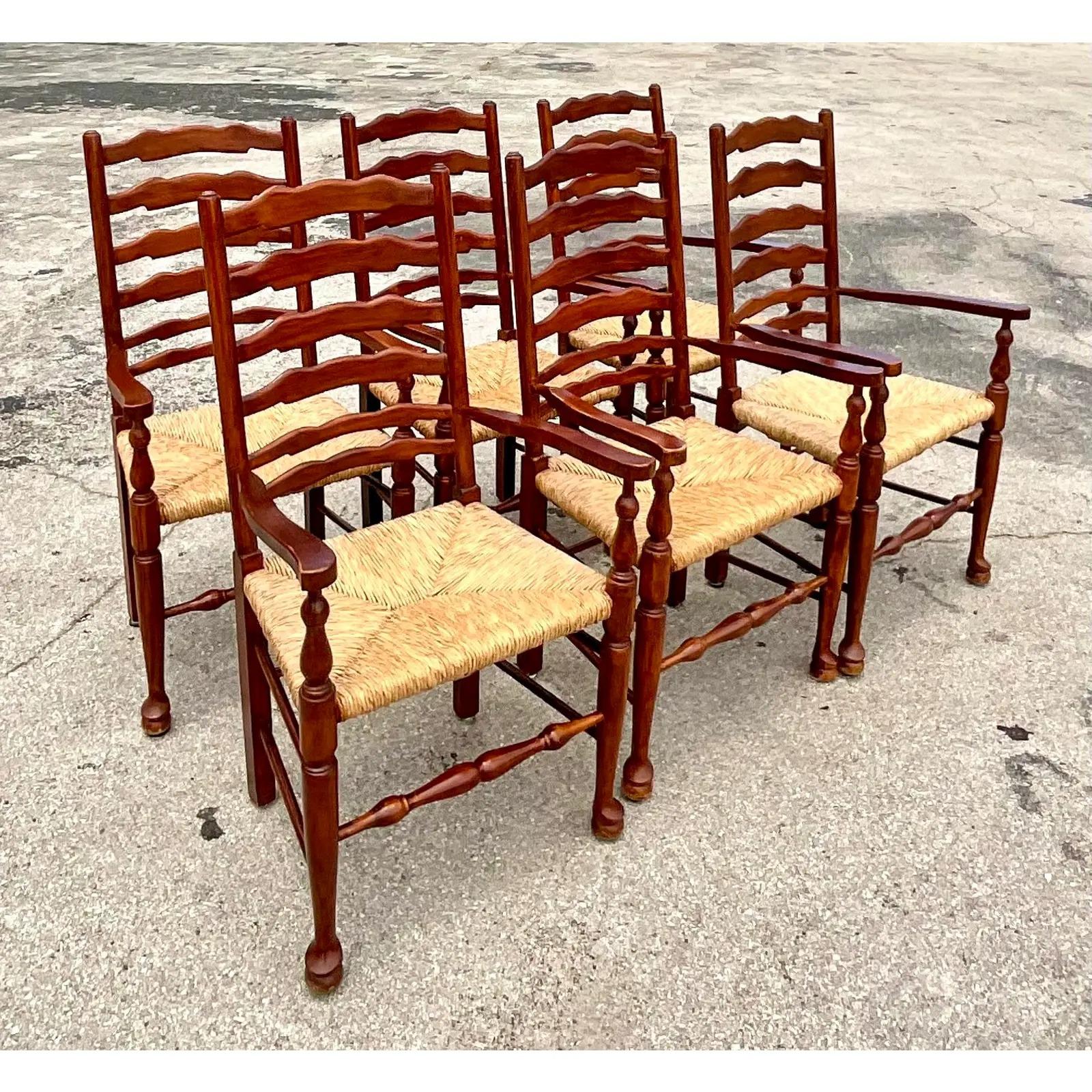 20th Century Vintage Boho Pierre Deux Rush Seat Ladderback Dining Chairs, Set of 6