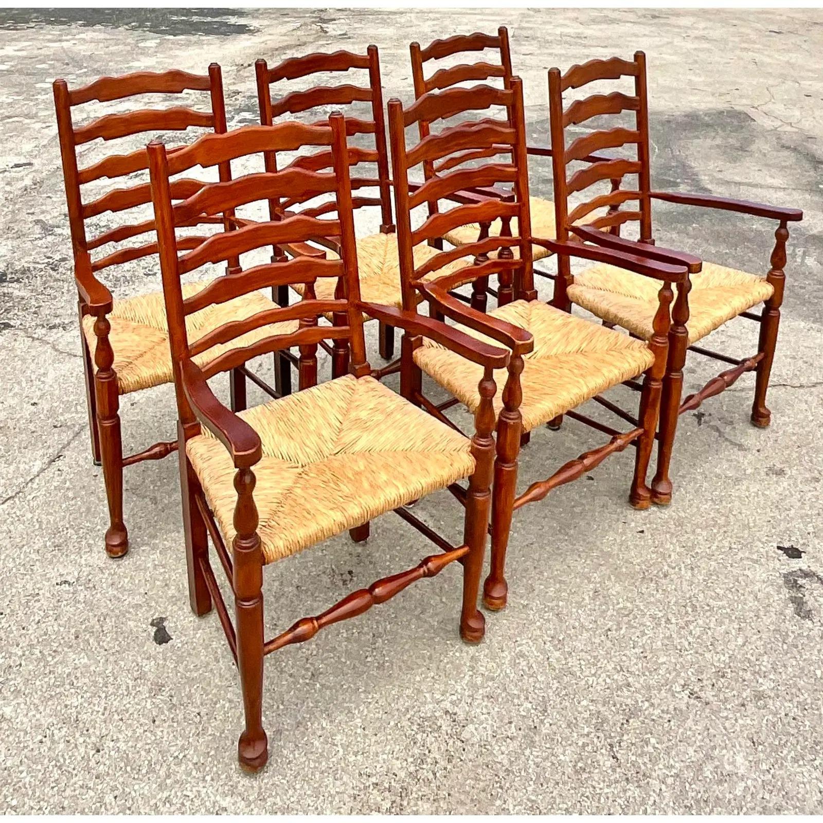 Vintage Boho Pierre Deux Rush Seat Ladderback Dining Chairs, Set of 6 1