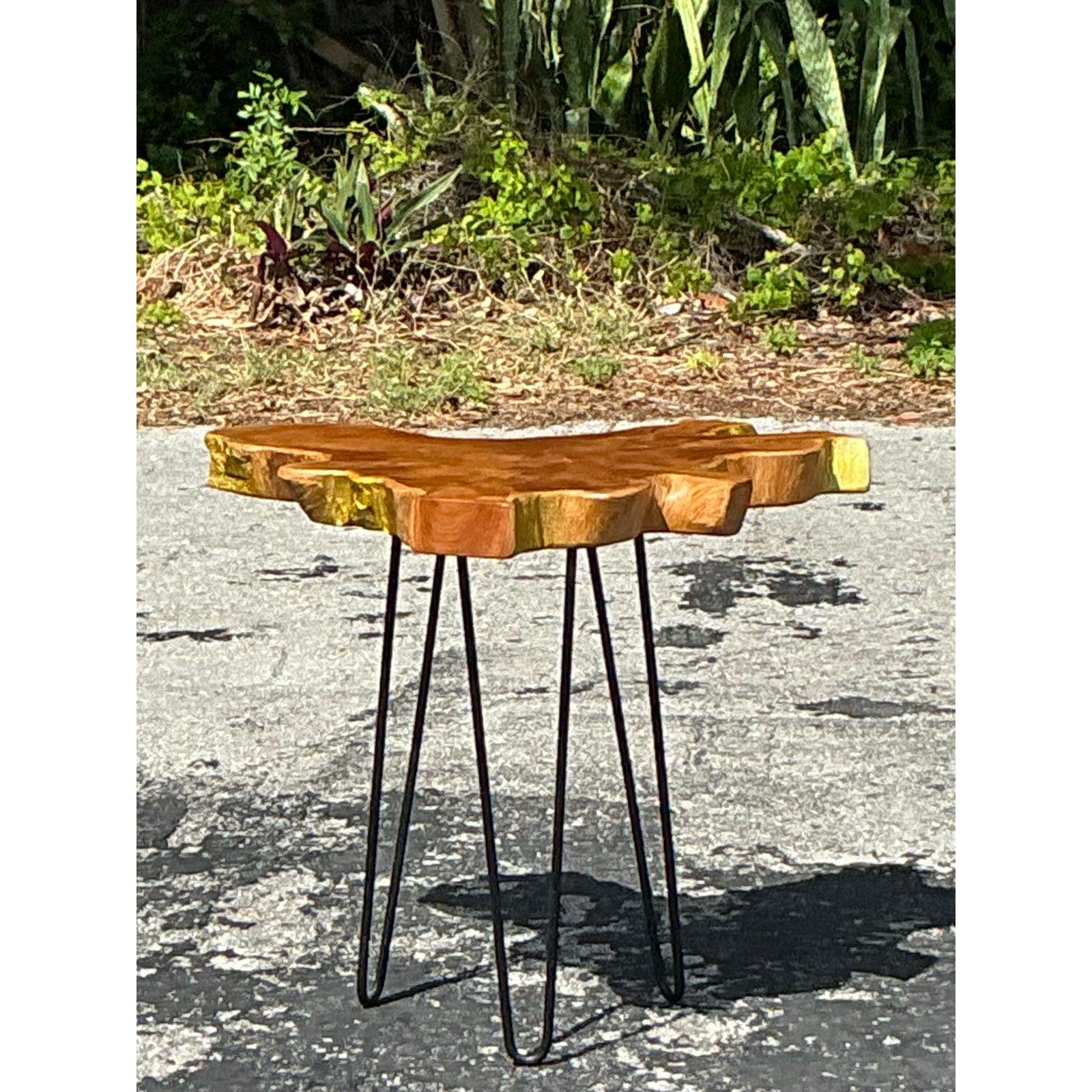 Organic Modern Vintage Boho Pin Leg Slab Side Table For Sale