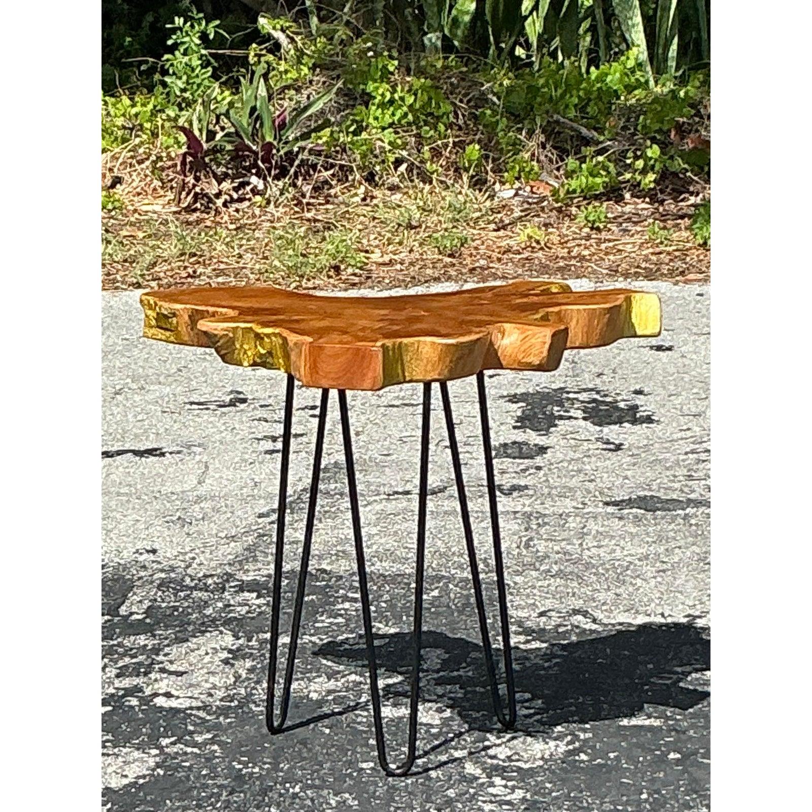Vintage Boho Pin Leg Slab Side Table In Good Condition For Sale In west palm beach, FL