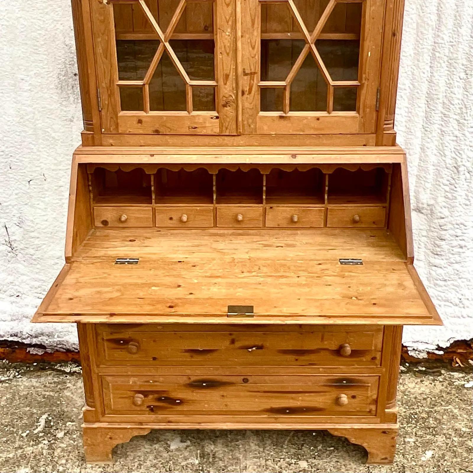 Vintage Boho Pine Secretary Desk For Sale at 1stDibs
