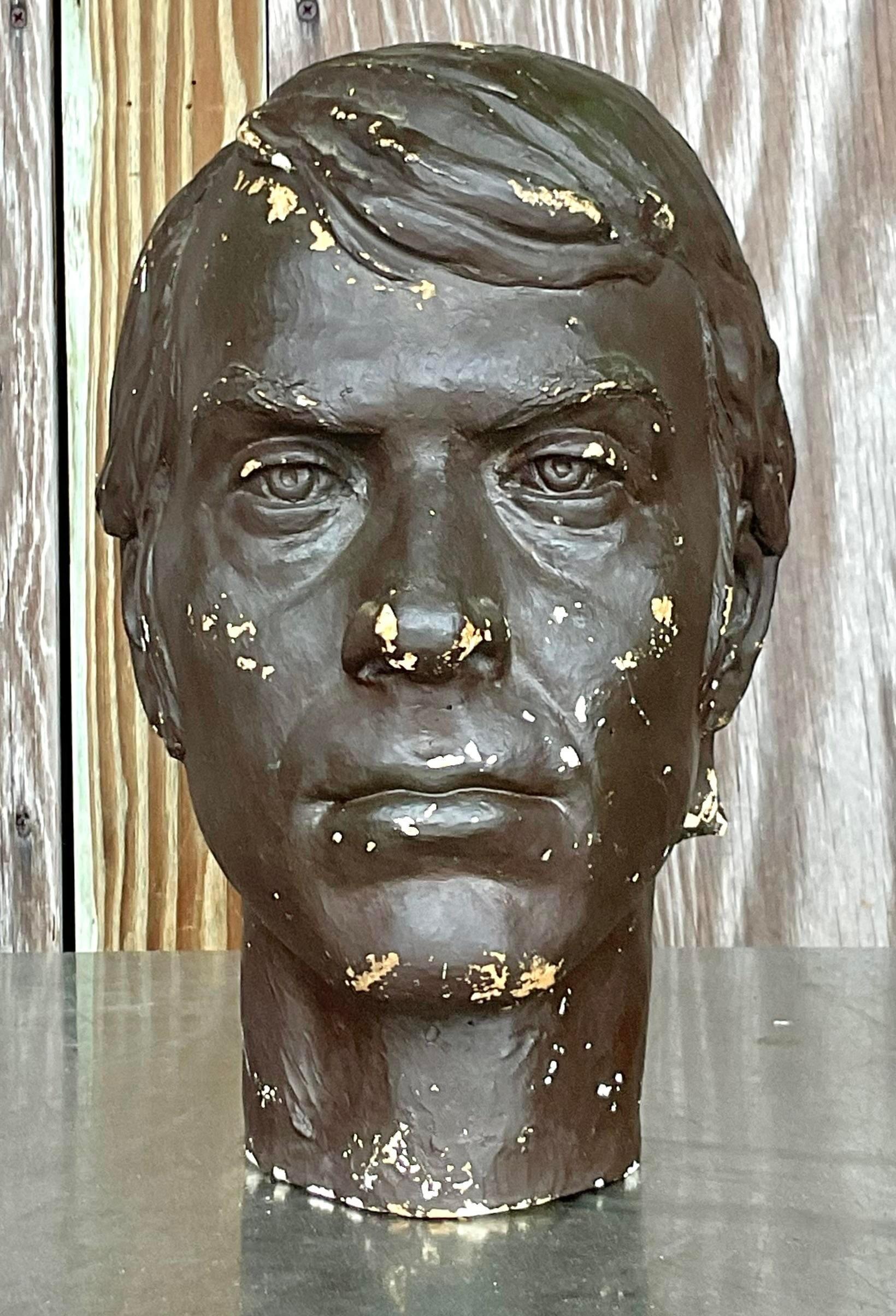 Vintage Boho Plaster bust of man. A handsome composition of a stylish young man. A great patina from the passage of time. Acquired from a Palm a each estate.