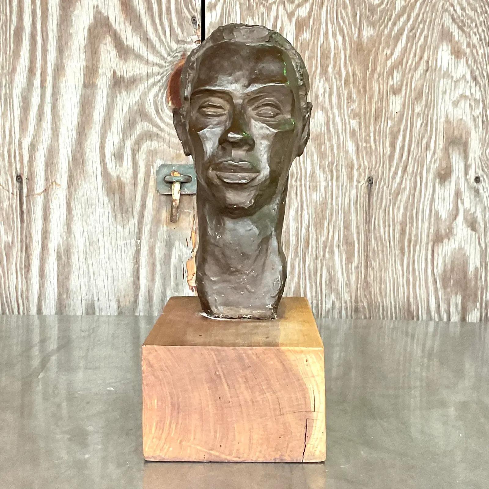 Vintage Boho Plaster Bust of Man In Good Condition For Sale In west palm beach, FL