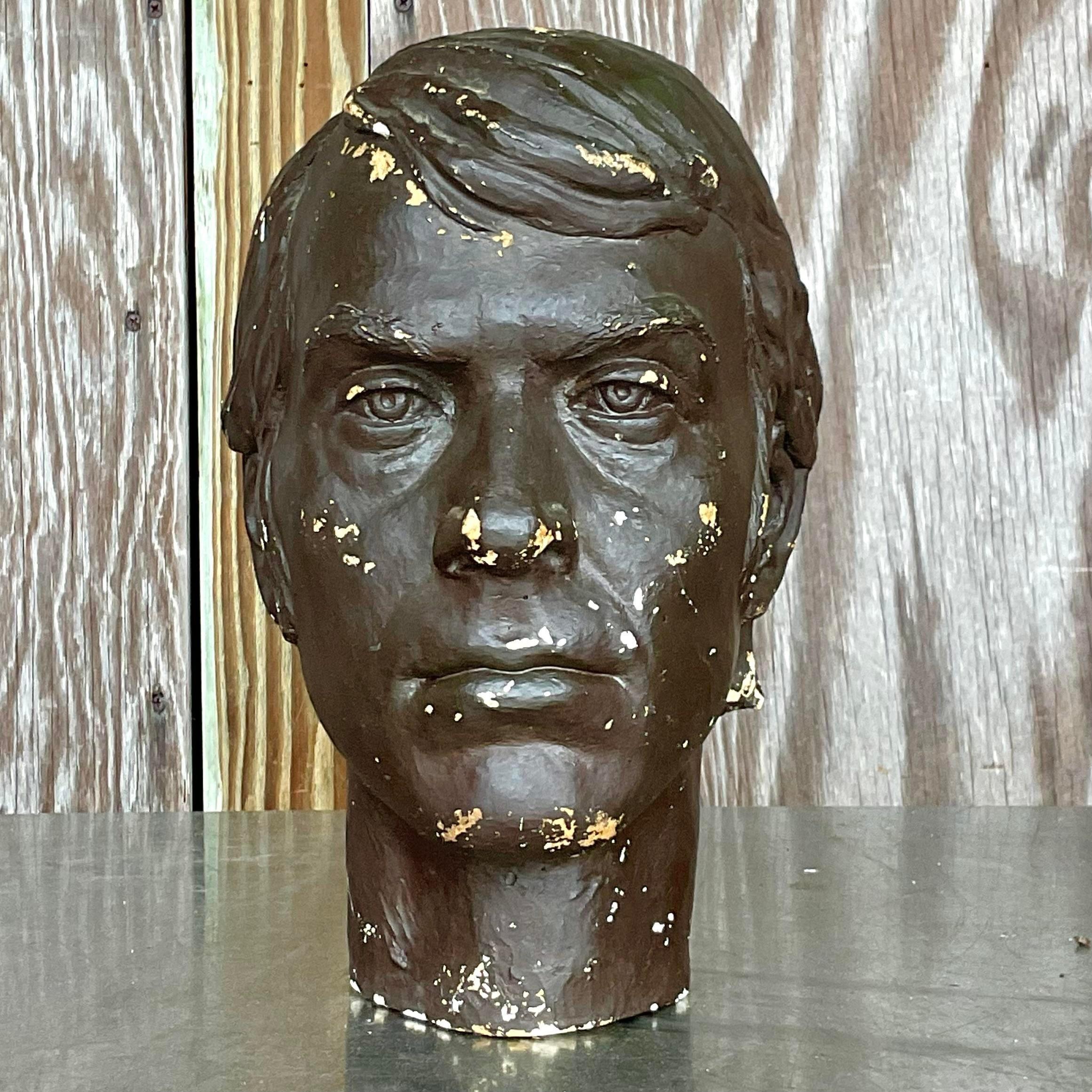 Vintage Boho Plaster Bust of Man In Good Condition For Sale In west palm beach, FL