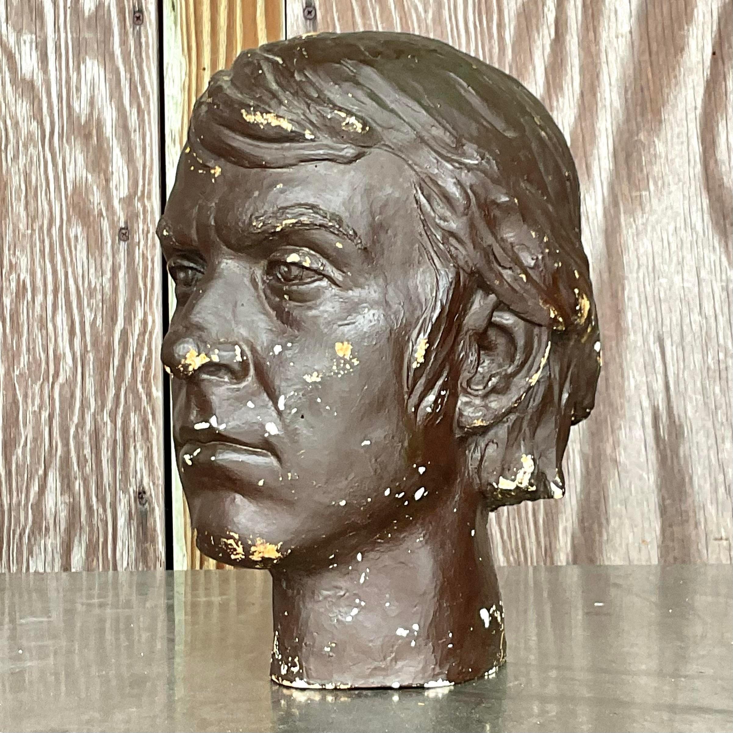 20th Century Vintage Boho Plaster Bust of Man For Sale