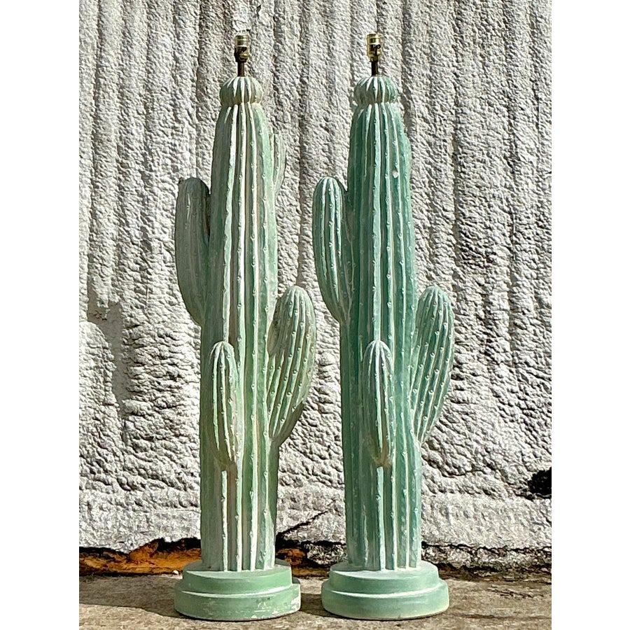 Vintage Boho Plaster Cactus Floor Lamps - a Pair In Good Condition In West Palm Beach, FL