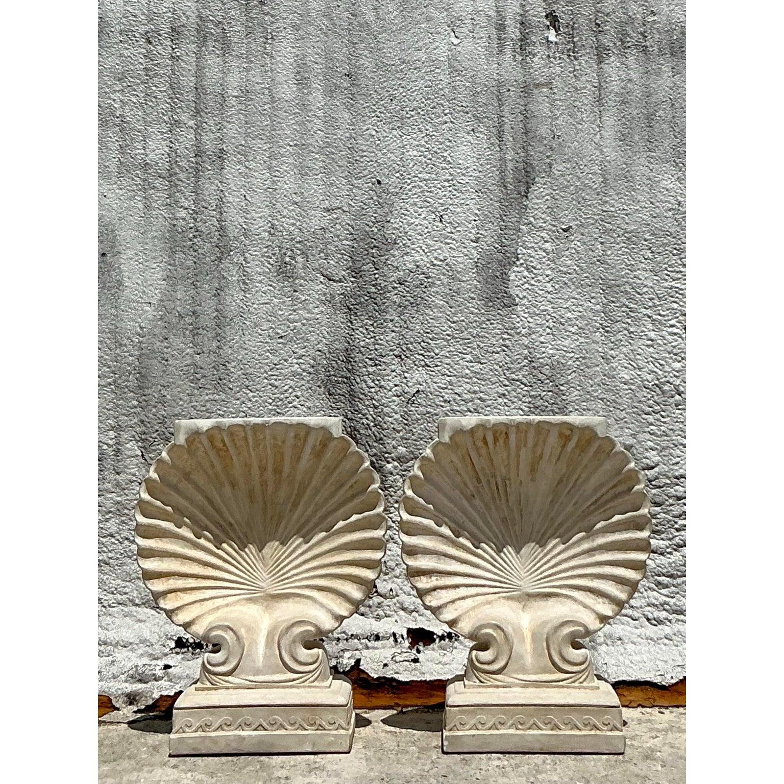 Vintage Boho Plaster Clamshell Dining Table Pedestals - A Pair 4