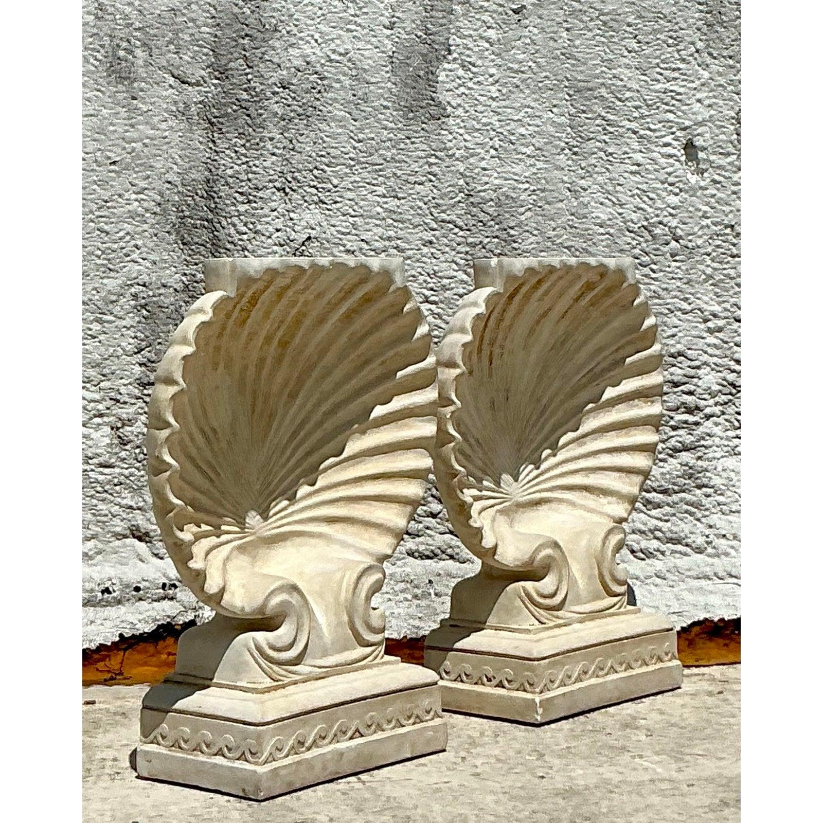 Hollywood Regency Vintage Boho Plaster Clamshell Dining Table Pedestals - A Pair